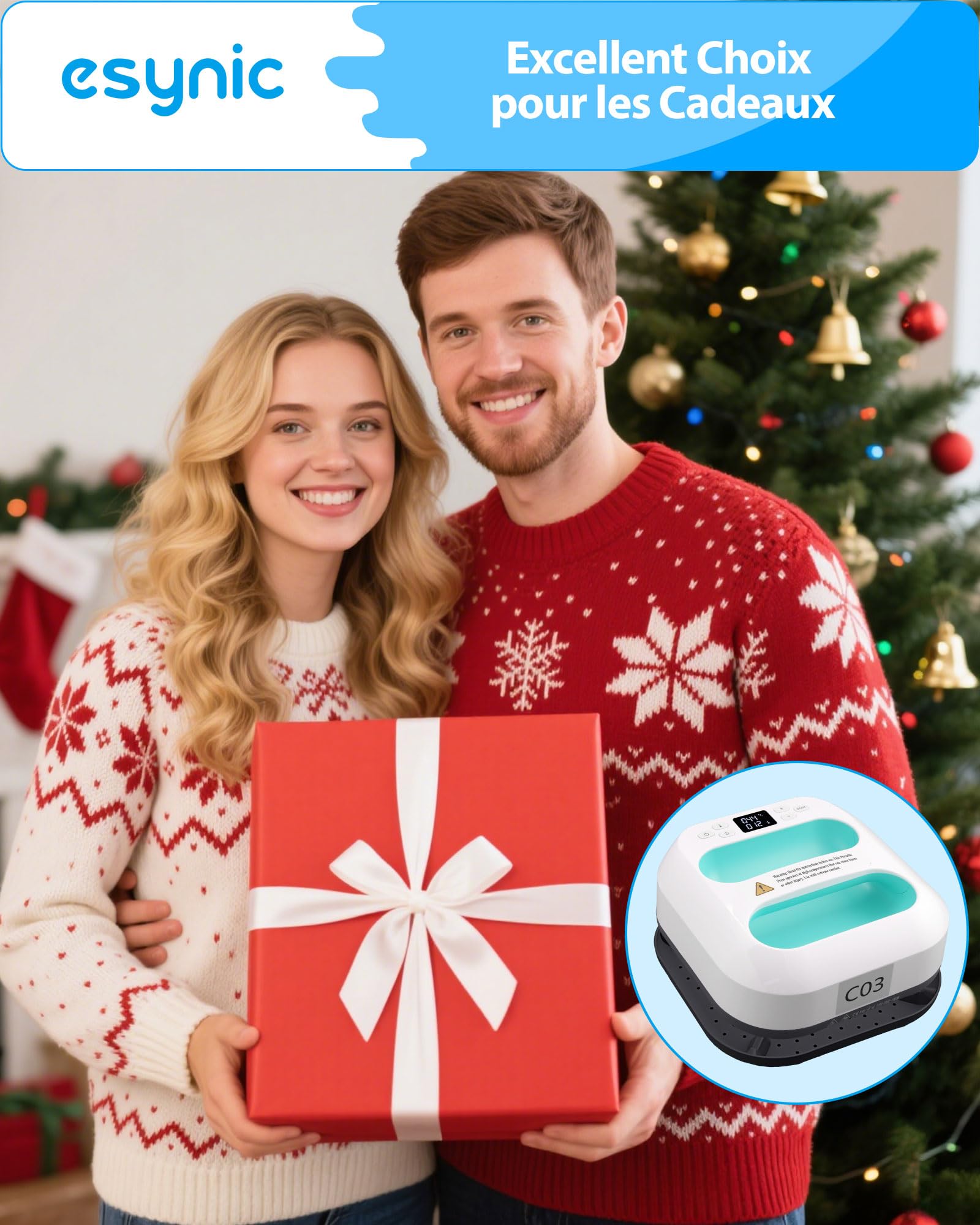 eSynic Presse à Chaud Textile 22,5cmx22,5cm Écran LED Arrêt Automatique | Température Durée Réglable, Température Max 205°C, Revêtement en Céramique, Utilisation DIY Textile T-Shirts Sacs Oreillers