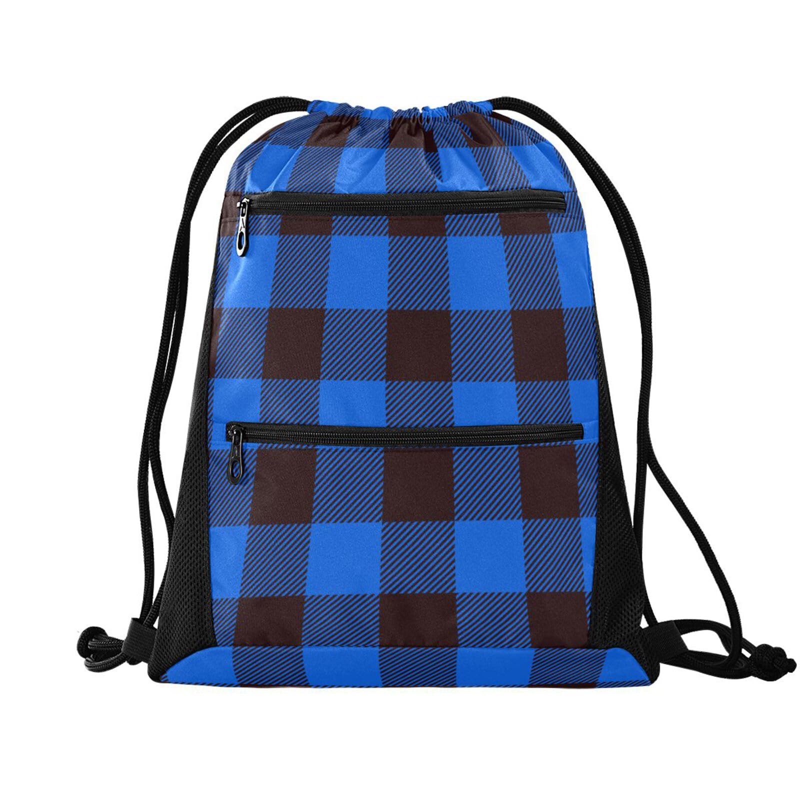 FRODOTGV Buffalo Plaid Blue Black Drawstring Backpack Water Resistant Sackpack for Swim Yoga Gym, Drawstring Backpack