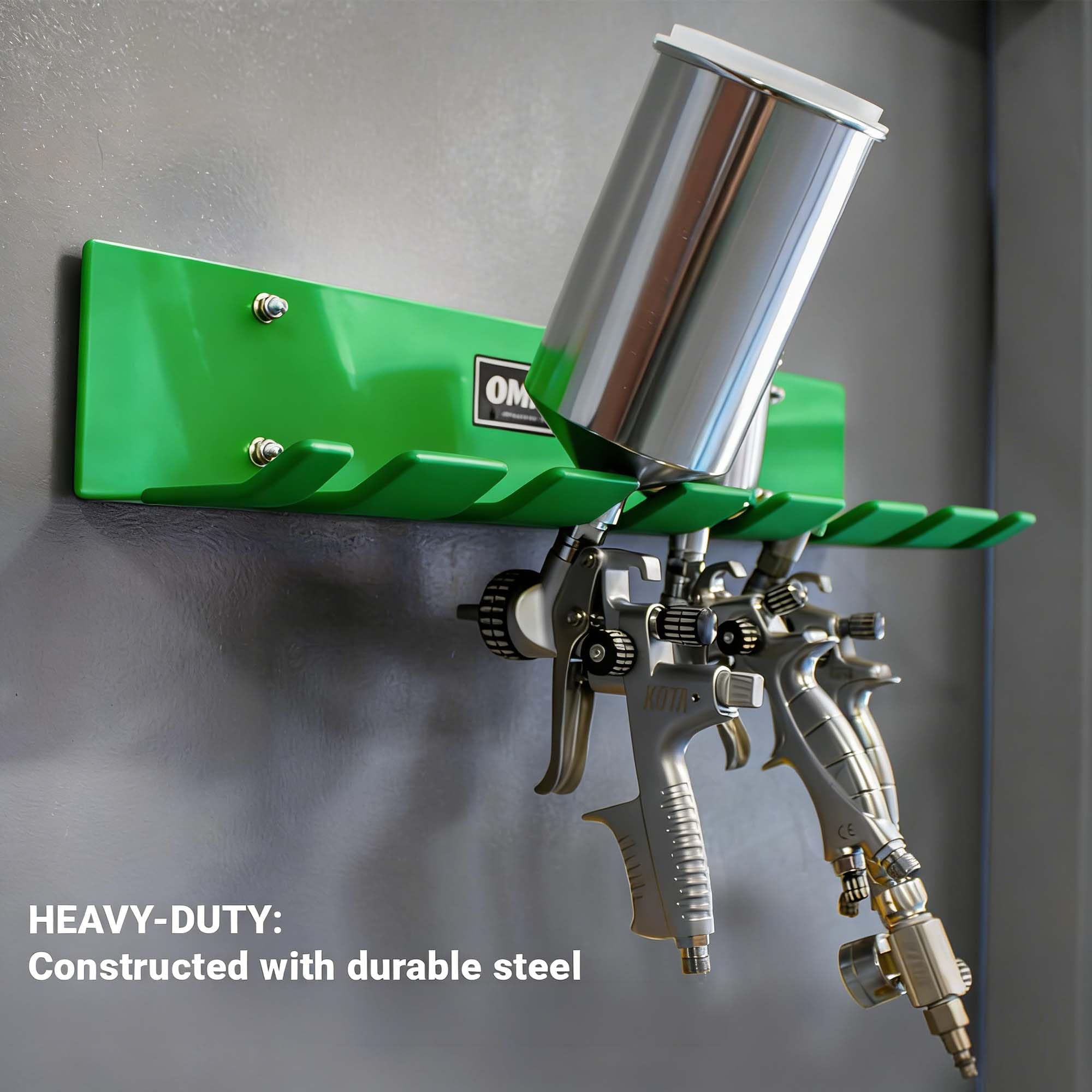 LAUCO Omni Tool - Soporte para pistola de pintura múltiple, soporte para pistola de pintura, capacidad para 7 pistolas sin tazas o 4 pistolas con tazas, diseño estable y sin arañazos (verde, 1 unidad)