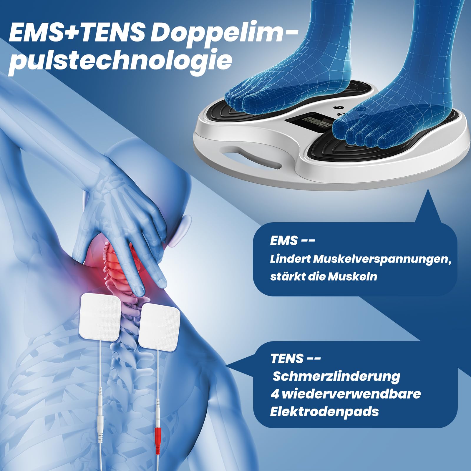 Medic Durchblutungsstimulator für Füße & Beine, EMS Fußmassagegerät, lindert Neuropathie, Knie- & Beinschmerzen, fördert die Fußdurchblutung – Elektrischer TENS Stimulator mit 4