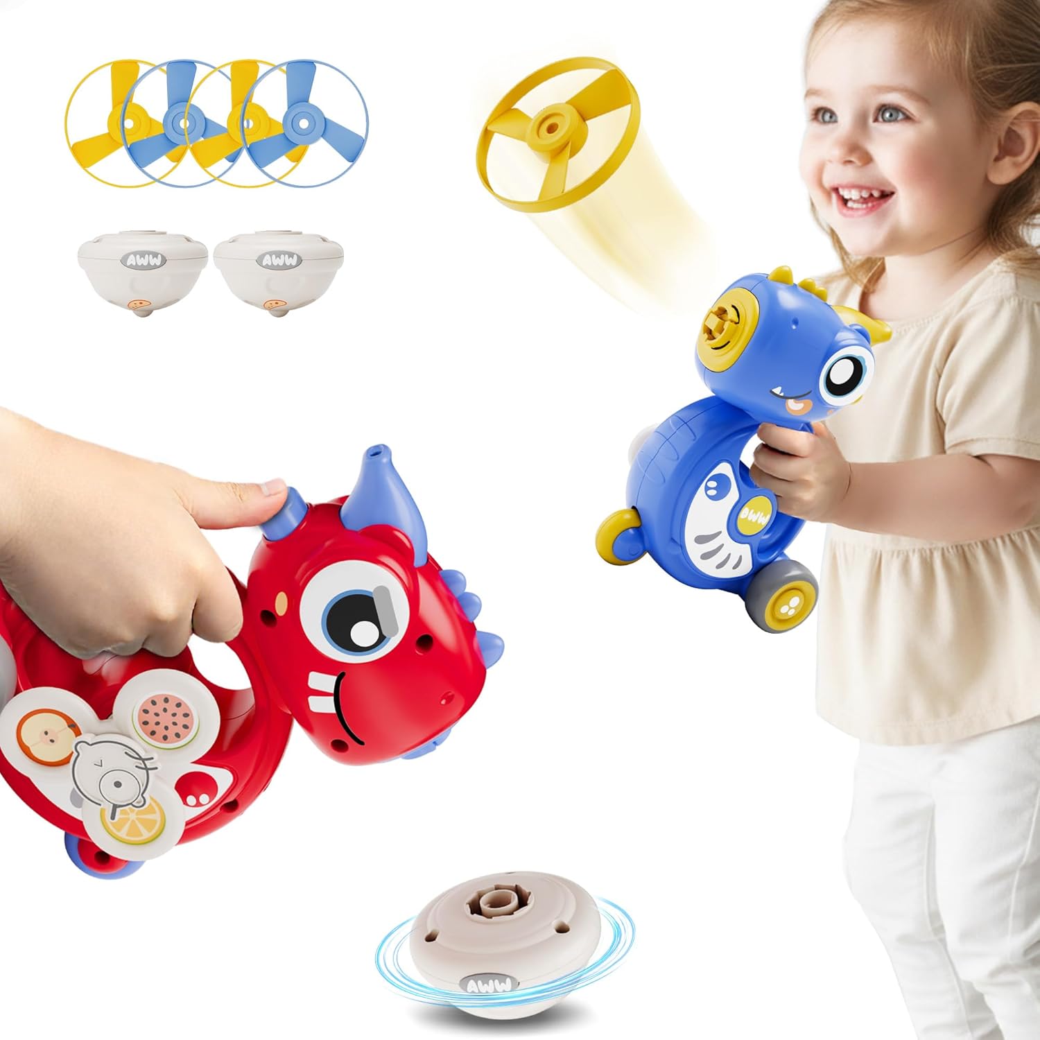 iplay, ilearn kids dinosaur flying disc launcher toys, toddler push go friction dinos cars, indoor outdoor spinning top yard play set, birthday gift for 12-18 month, 1 2 3-6 years old boys girls child
