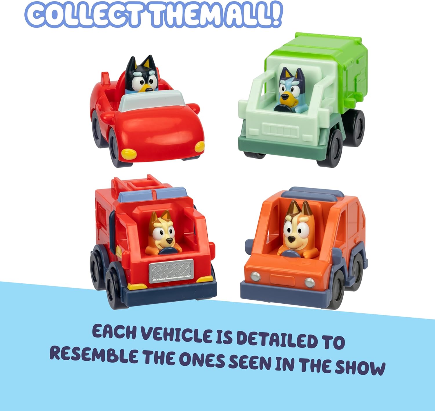 Bluey Mini Racers Toy Vehicles Set of 4, Garbage Truck, Convertible, Family Car, and Firetruck Small Toy Cars, Toddler Car Toys for Ages 3+