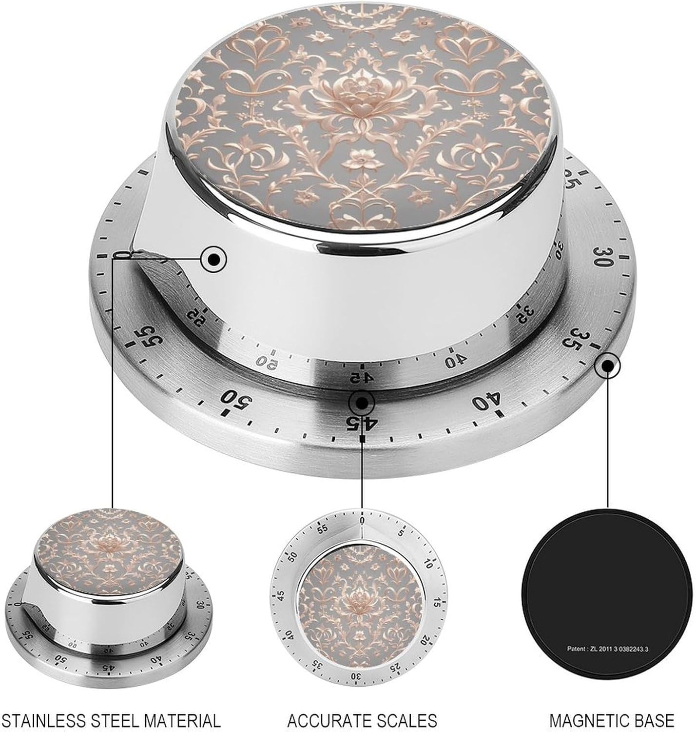 Rose Gold Wallpaper Visual Timer Cute Desk Timers No Batteries Required -Magnetic Back Indoor Countdown Timers with Loud Alarm Mini Manual Timer Clock for Home Study Cooking