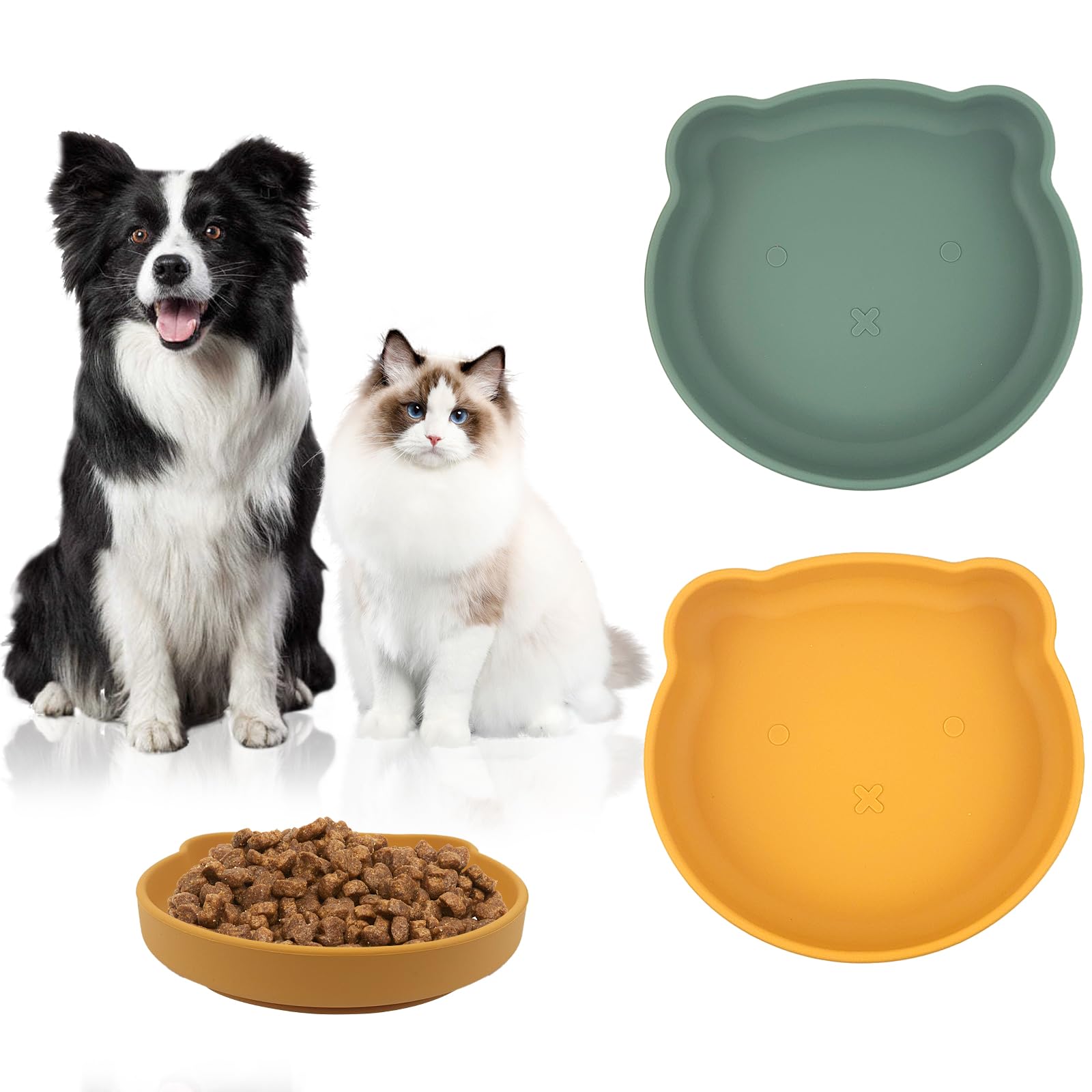 FINEASY 2PCS Silicone Shallow Cat Bowl, Cat Feeding Bowl, Cat Food Bowl Whisker Friendly, Whisker Fatigue Cat Bowls Wet Food Dry Food Flat Cat Dish Water Bowl for Cat Dog (Orange & Green)