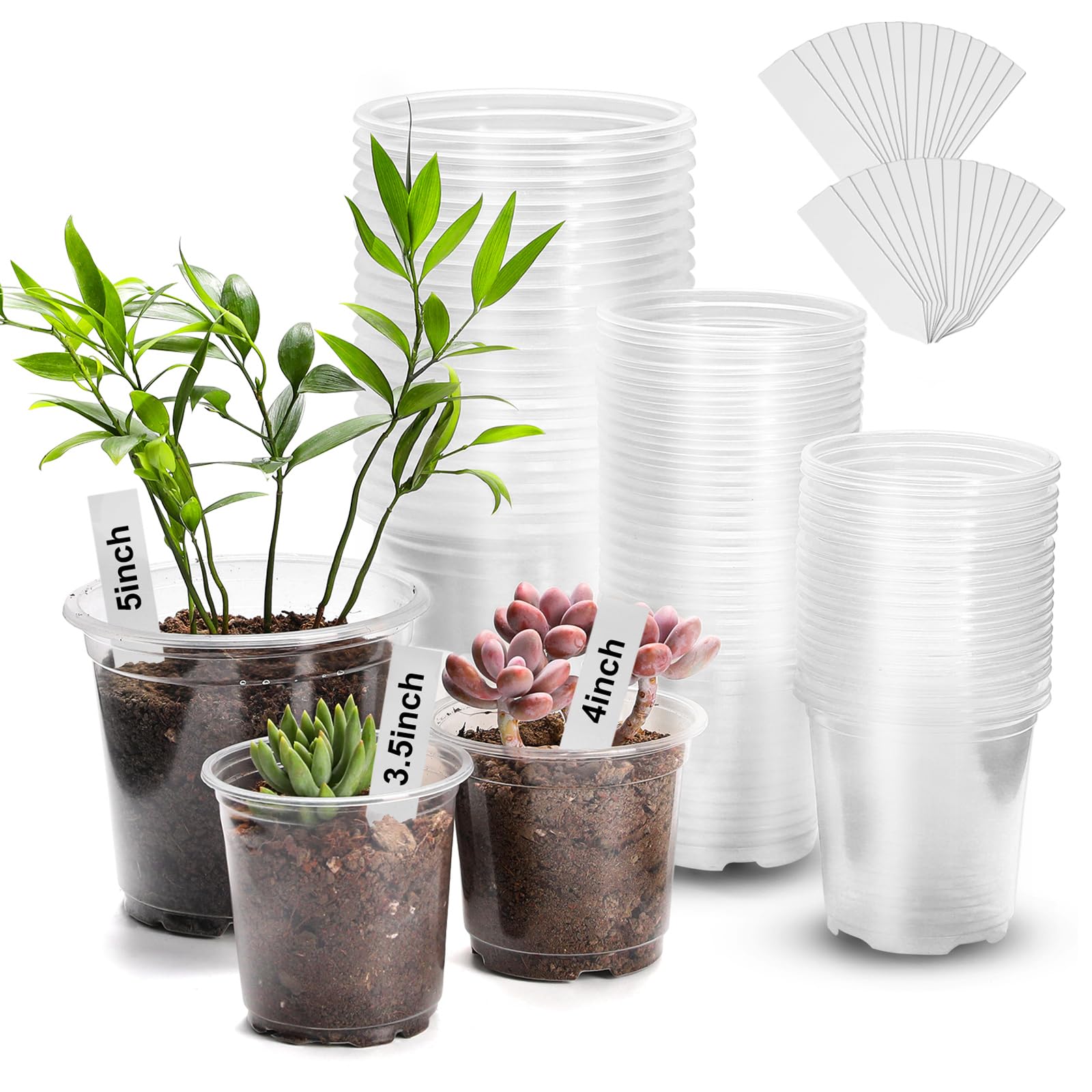 60 Pack 3.5/4/5 Inch Reinforced Clear Nursery Pots with Drainage Holes, Transparent Variety Pack Plastic Plant Pot Seed Starter Pots Flower Pots Come with 50pcs Plant Labels
