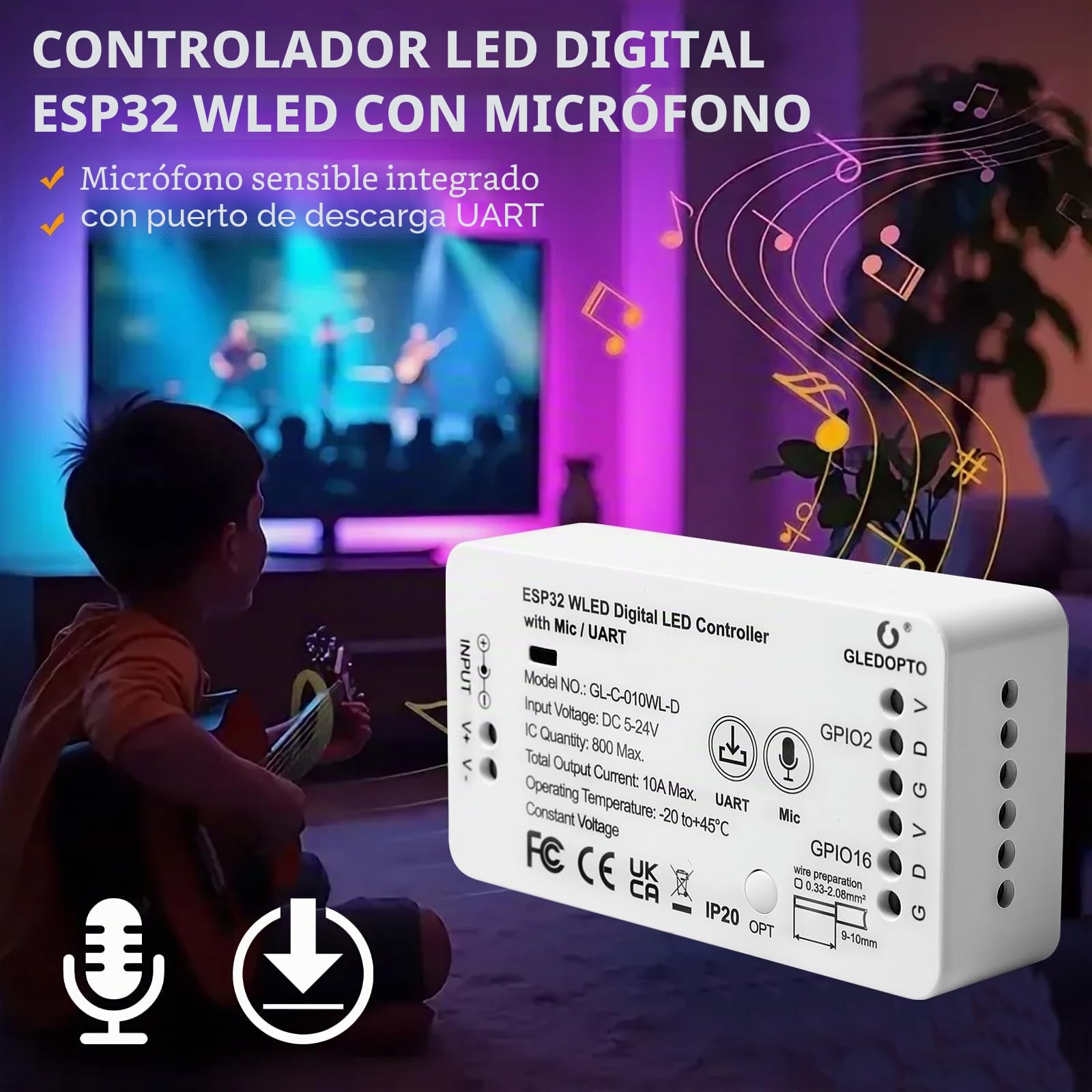 Controlador Wled ESP32, controlador WLED GL-C-010WL-D, control de luz de tira digital con función MIC, tira direccionable Esp32 con descarga de micrófono WS2811 2812B 2813 2815 GS8208 SM16703PSK6812