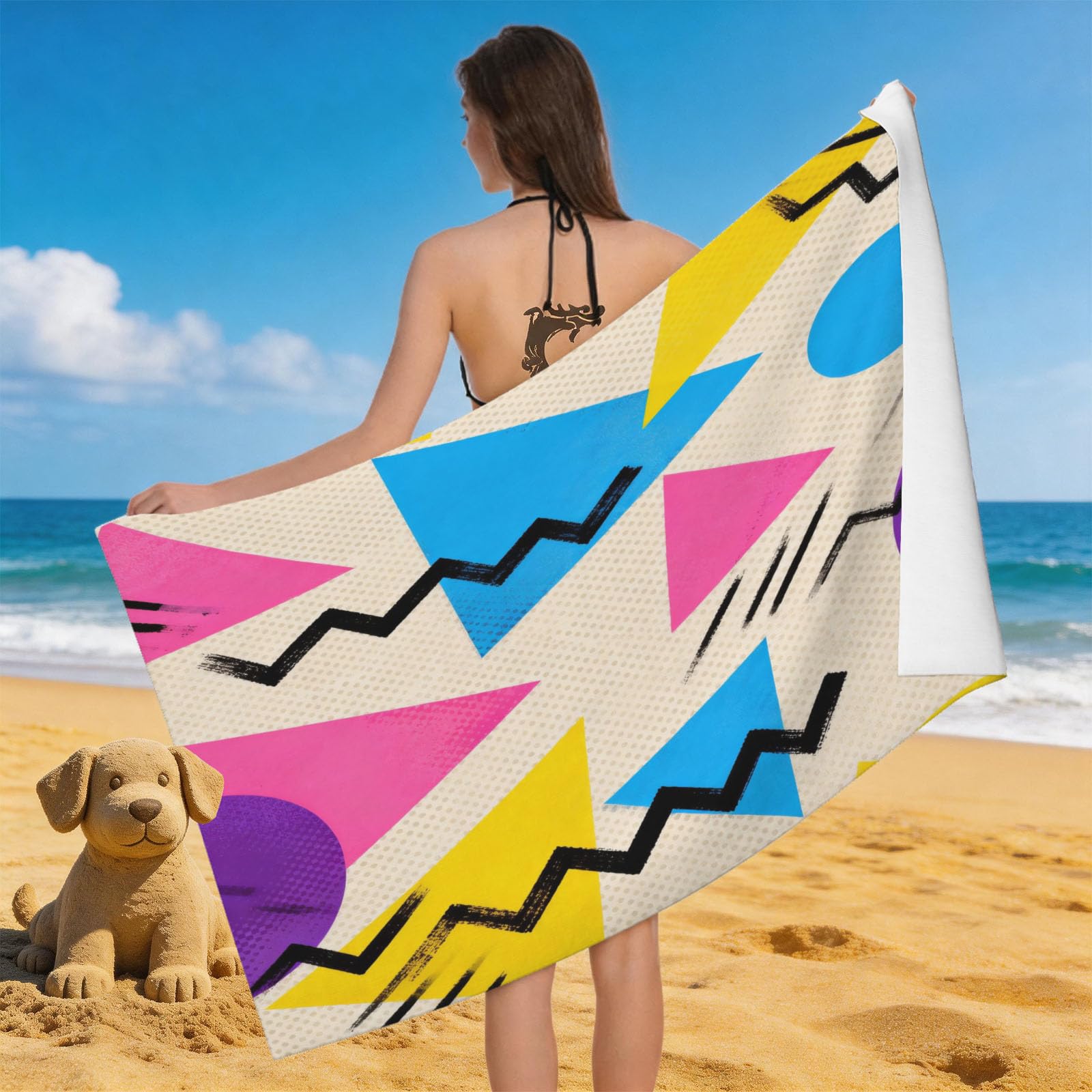 Leichong 3D Geometry Beach Towel Microfiber Soft Quick Dry for Adults, Chic Bath Towel Lightweight Soft Absorbent for Travel Swimming Pool Sports, 75 x 150 cm