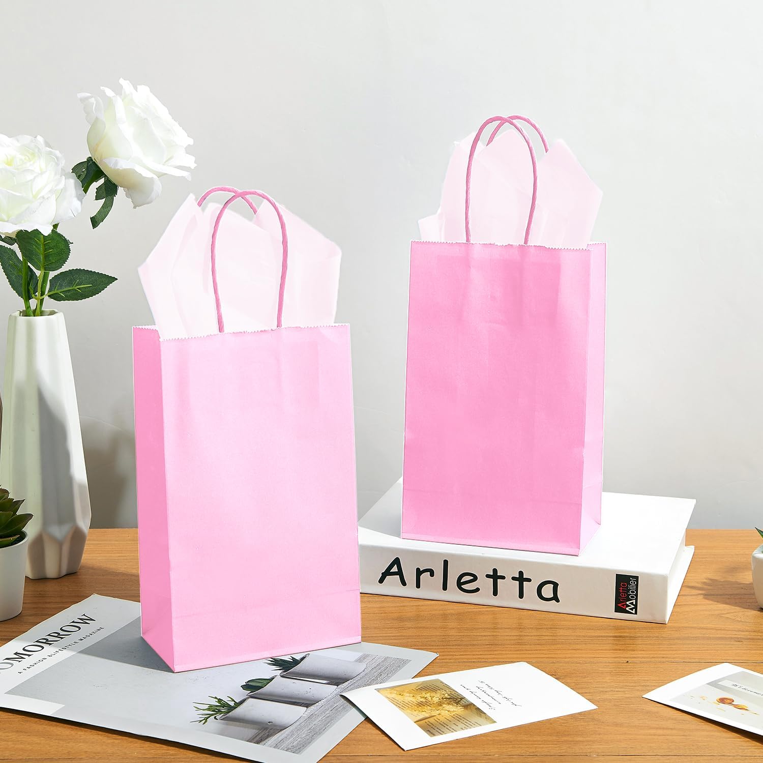 DjinnGlory 100 Pack Small Sized Pink Paper Gift Bags with Handles Bulk for Small Business, Boutiques, Baby Showers, Party Favors & Care Packages, 9x5.5x3.15 Inch - Image 4