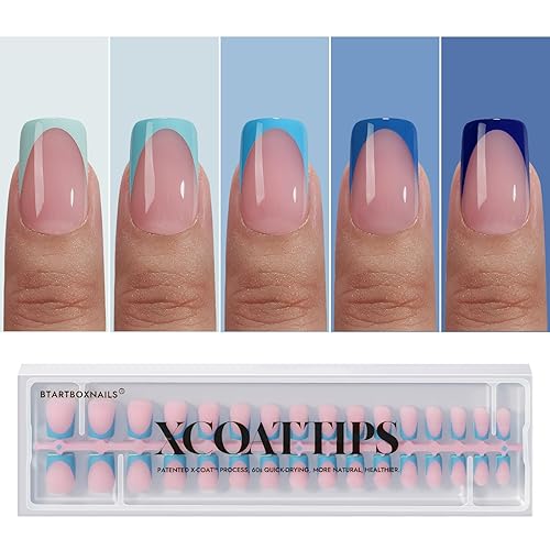 BTArtboxnails XCOATTIPS French Tip Press On Nails - Blue Press On Nails Short, Square Fake Nail Tips, 160Pcs Soak Off Soft Gel Acrylic Nail Extension in 16 Sizes - C Blue P - S Square