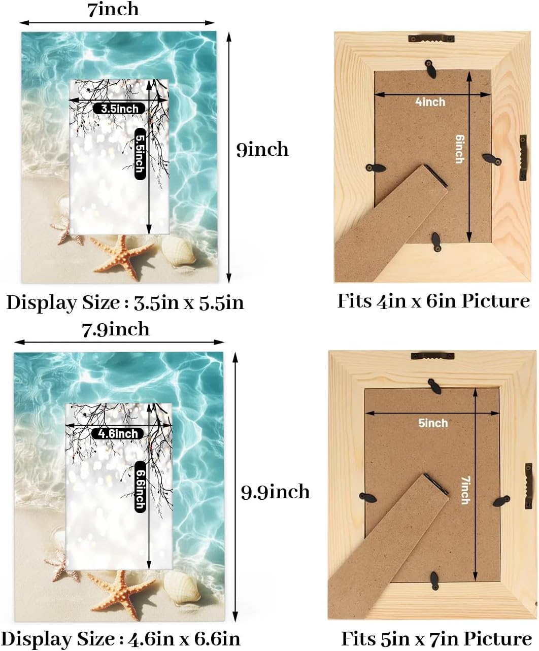 Starfish Beach Seashells 4x6 Picture Frame Wood Photo Frame Vertical or Horizontal Display 4 by 6 Photo for Wall and Tabletop Display