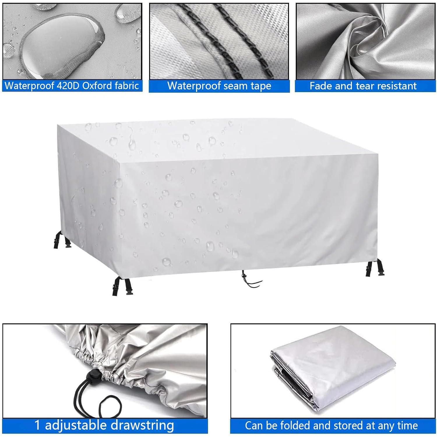 Wytrzymałe wodoodporne pokrowce na meble ogrodowe 230 x 180 x 105 cm – tkanina Oxford 600D, zestaw ochraniaczy, wiele rozmiarów, z 4 wiatroszczelnymi klamrami, srebrne
