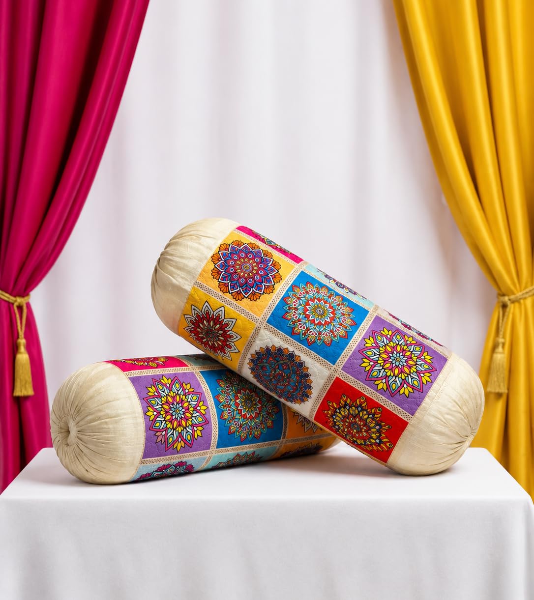 Ganpati Furnishing 2 pc Holland Quilted Ethnic Bright Multi-Colored Mandala Bolster/Round Pillow Cover | Events Home Decor Cafes – 16 x 32 inch-image-28
