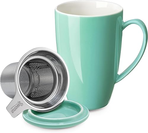Sweese Taza de té de porcelana de 15 onzas con infusor y tapa, apta para microondas, mango ergonómico, esmalte sin plomo, para té de hojas sueltas,