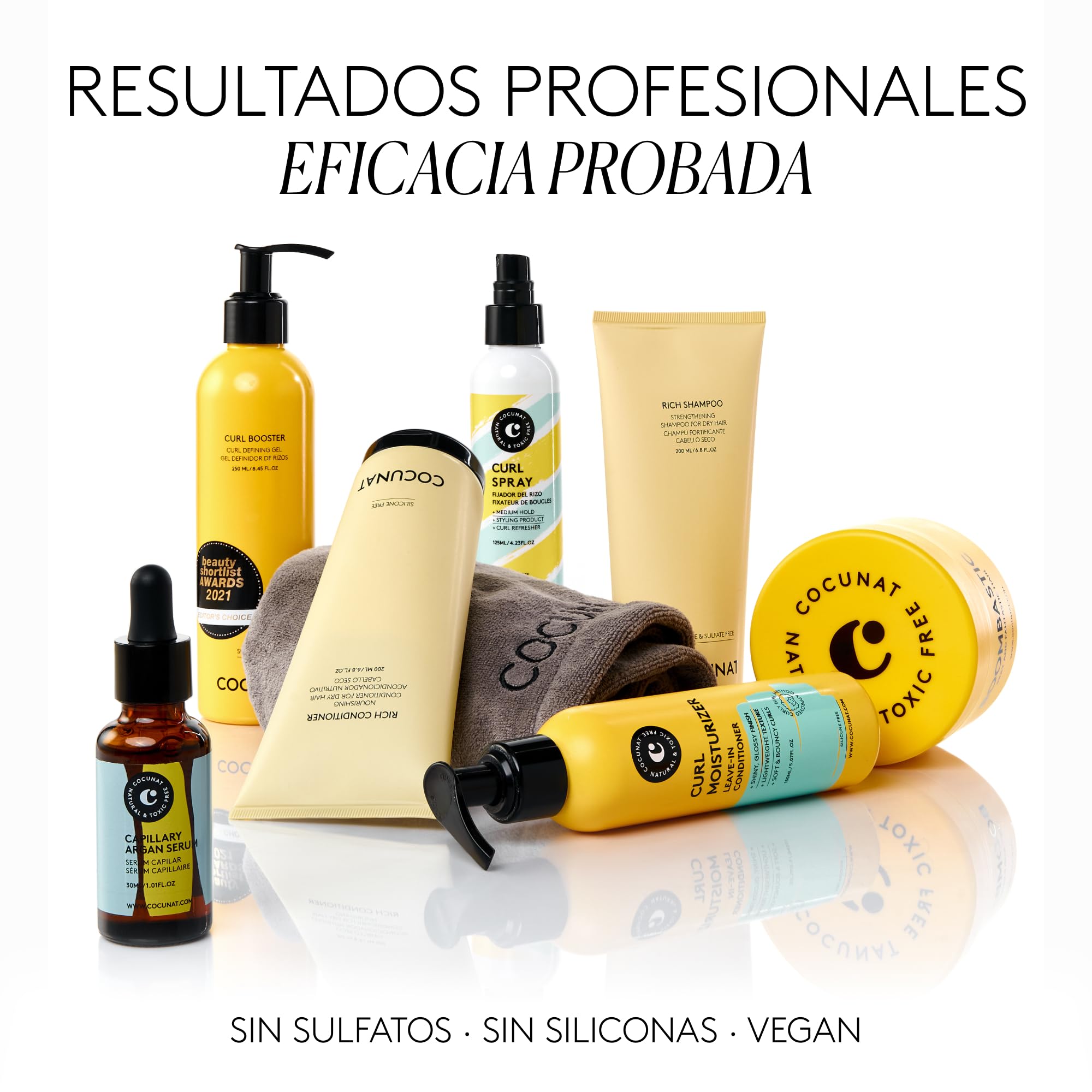 COCUNAT Rutina Rizos Definidos Pack 7 Productos + Turbante Antifrizz | Champú, Acondicionador, Mascarilla, Leave-In, Curl Booster, Spray y Sérum. Método Curly sin sulfatos, siliconas ni tóxicos.