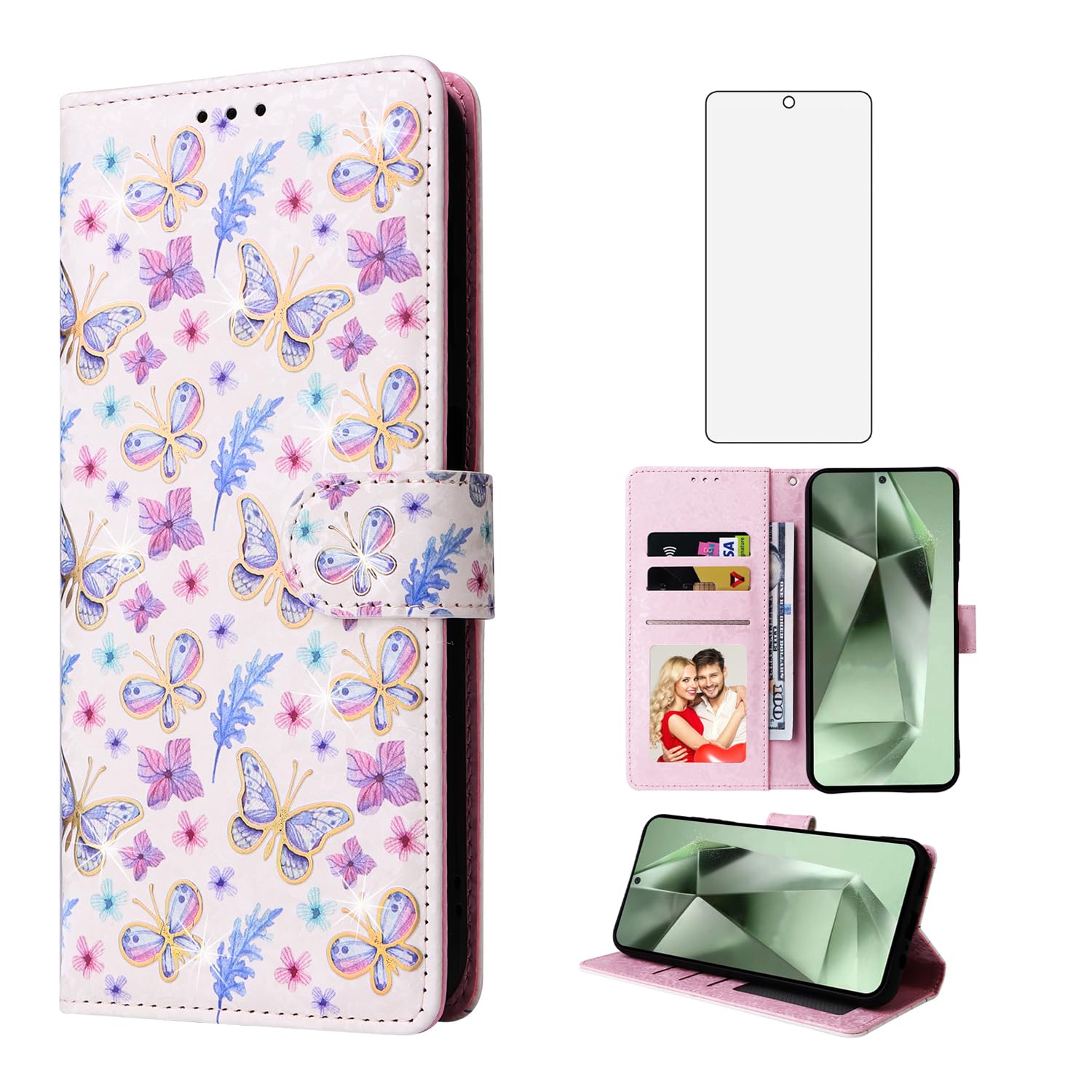 Asuwish Phone Case for Samsung Galaxy S24 FE 5G Wallet Lanyard Wrist Strap Cell Flip Cover with Tempered Glass Screen Protector Flower Card Holder