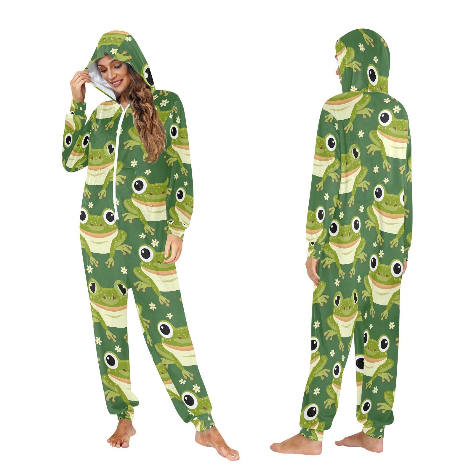 Mnsruu Grenouille Vert Animal Adulte Onesie pour Hommes Pyjama Polaire à Capuche Combinaison Loungewear Vêtements de Nuit