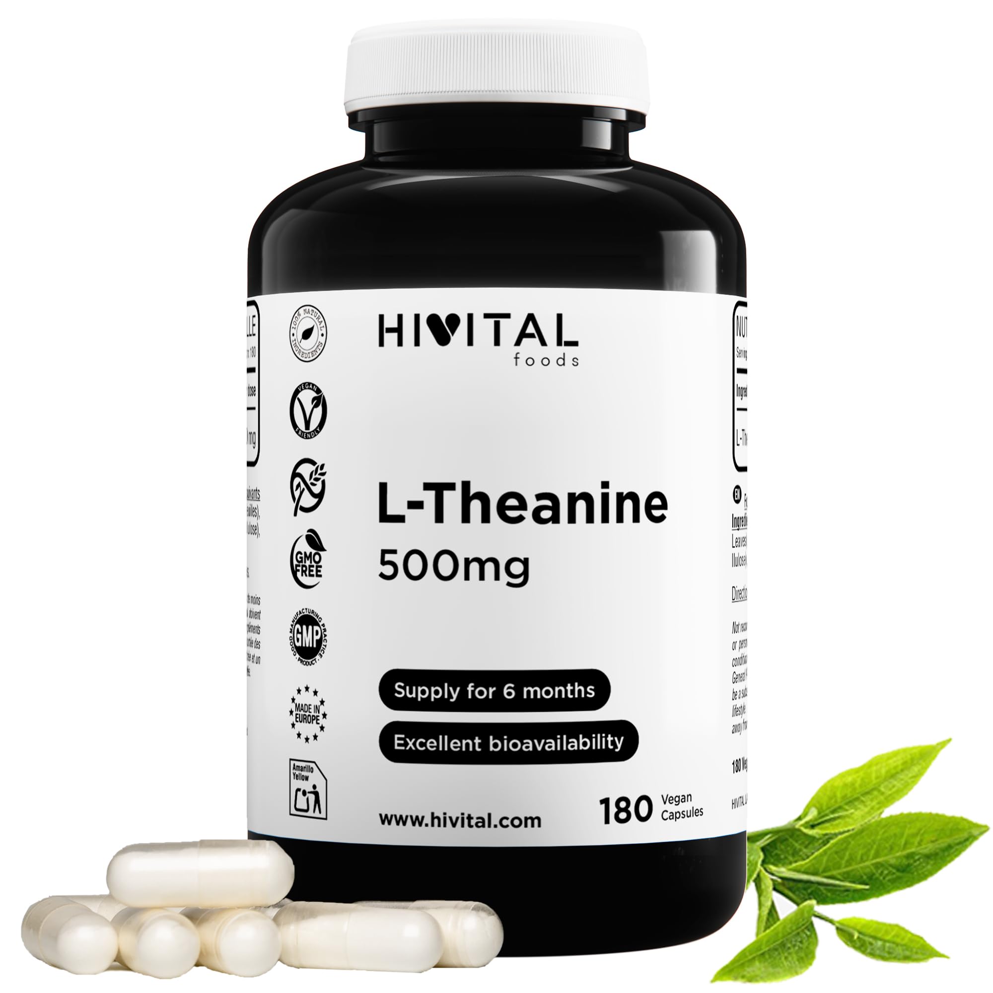 HIVITAL L-Theanin 500 mg. 180 vegane Kapseln für 6 Monate | 100% natürliche Aminosäure | Entspannung und Stimmungsbewerk
