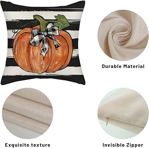 Miniatura 7 de Juego de 2 fundas de almohada de otoño de 20 x 20 pulgadas, diseño de calabaza con rayas negras en acuarela para sofá, cosecha de otoño, interiores