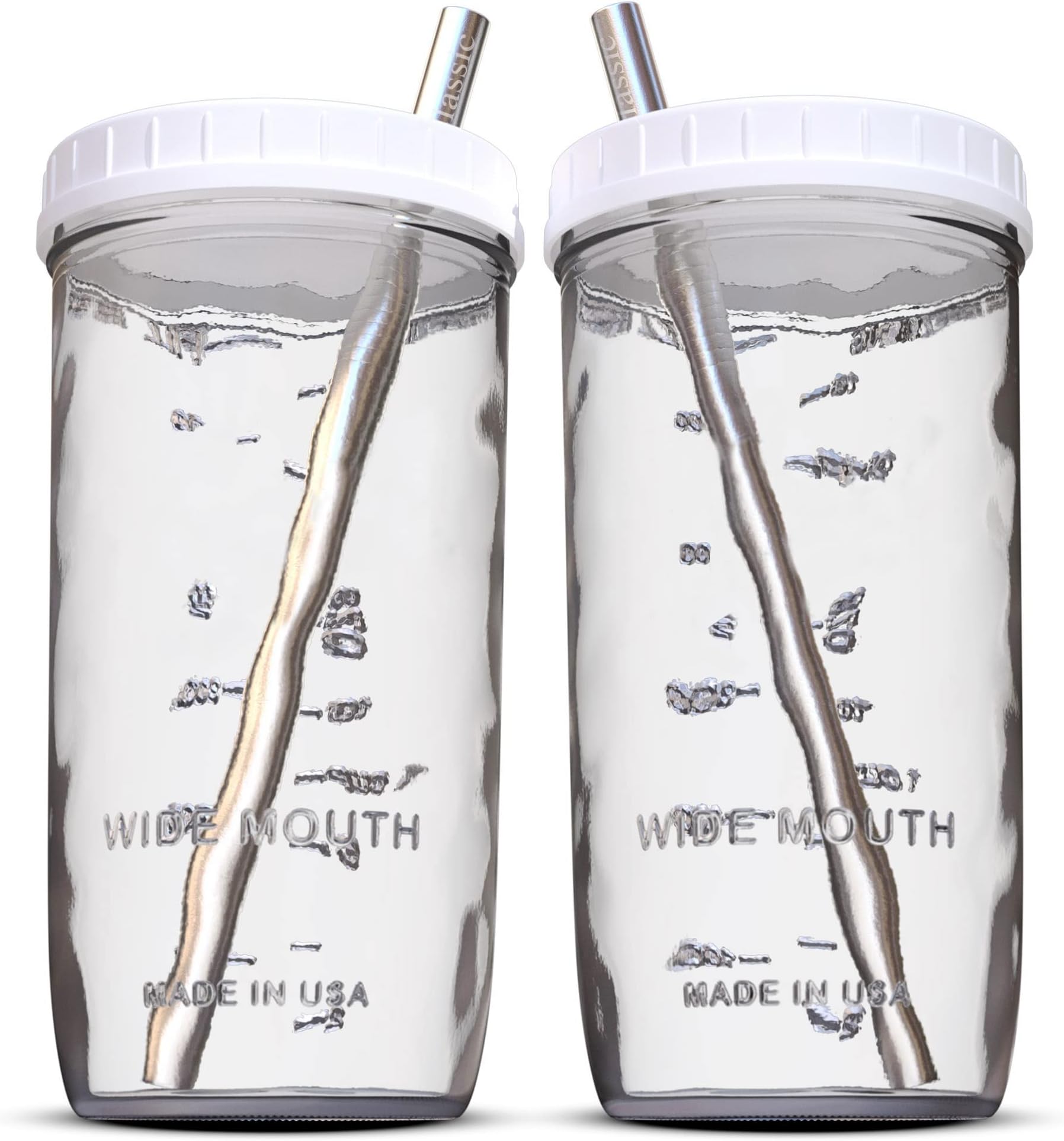 Reusable Wide Mouth Smoothie Cups Boba Tea Bubble Tea Cups with Lids and Silver Straws Mason Jars Glass (2-pack, 24 oz mason jars)