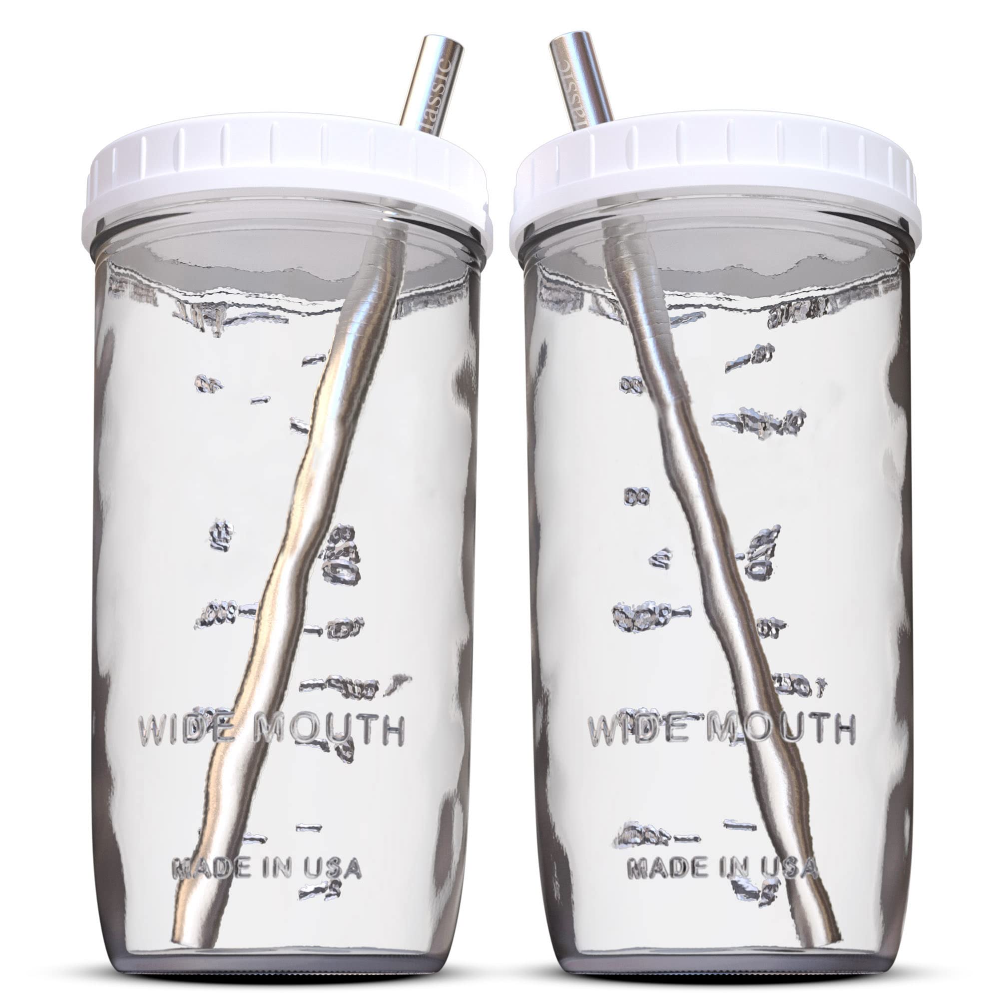 Reusable Wide Mouth Smoothie Cups Boba Tea Bubble Tea Cups with Lids and Silver Straws Mason Jars Glass (2-pack, 24 oz mason jars)