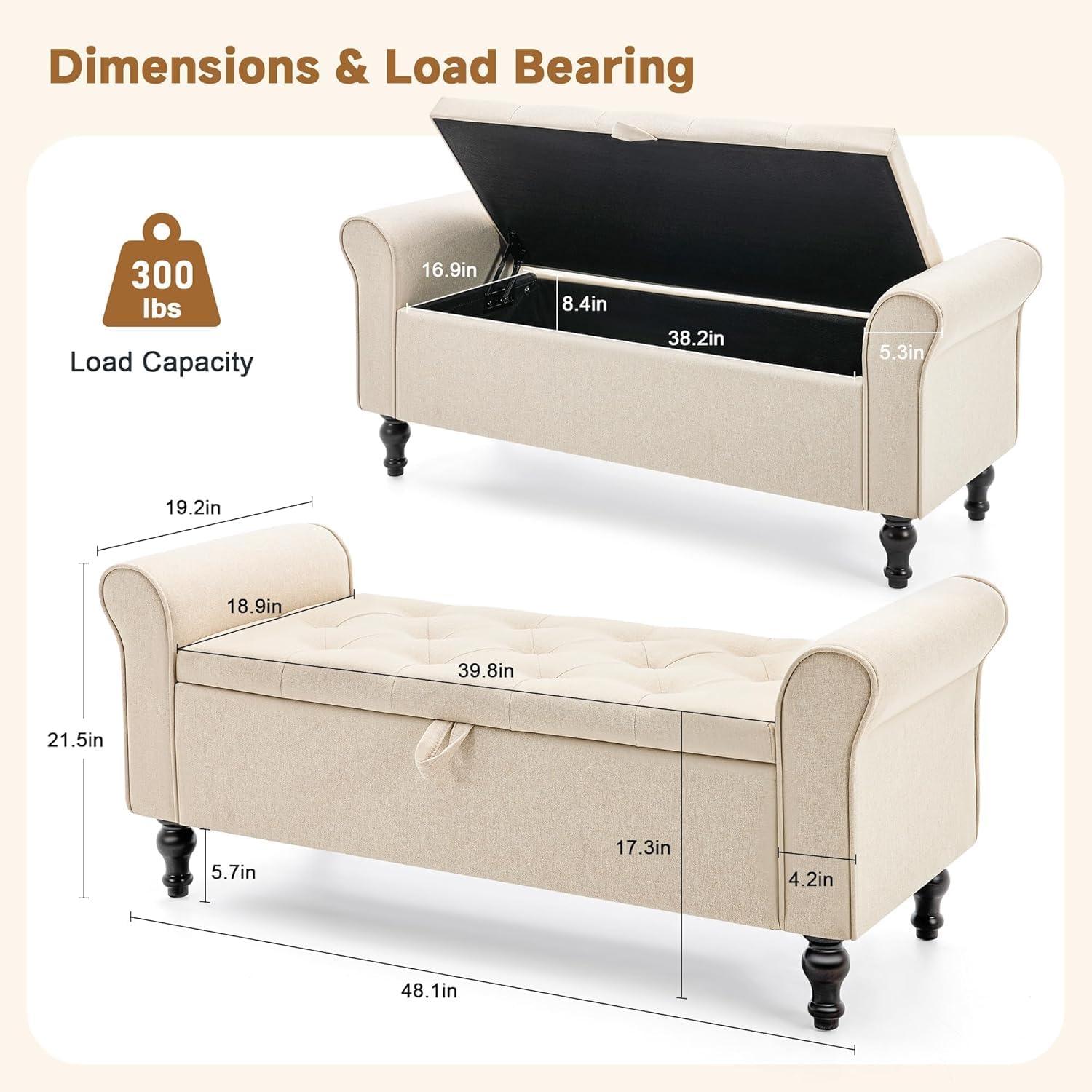 48" Ottoman with Storage and Rolled Arms, Tufted Upholstered Storage Bench with Safety Hinge and Sturdy Frame for Living Room, Footboard and Entryway (Beige)