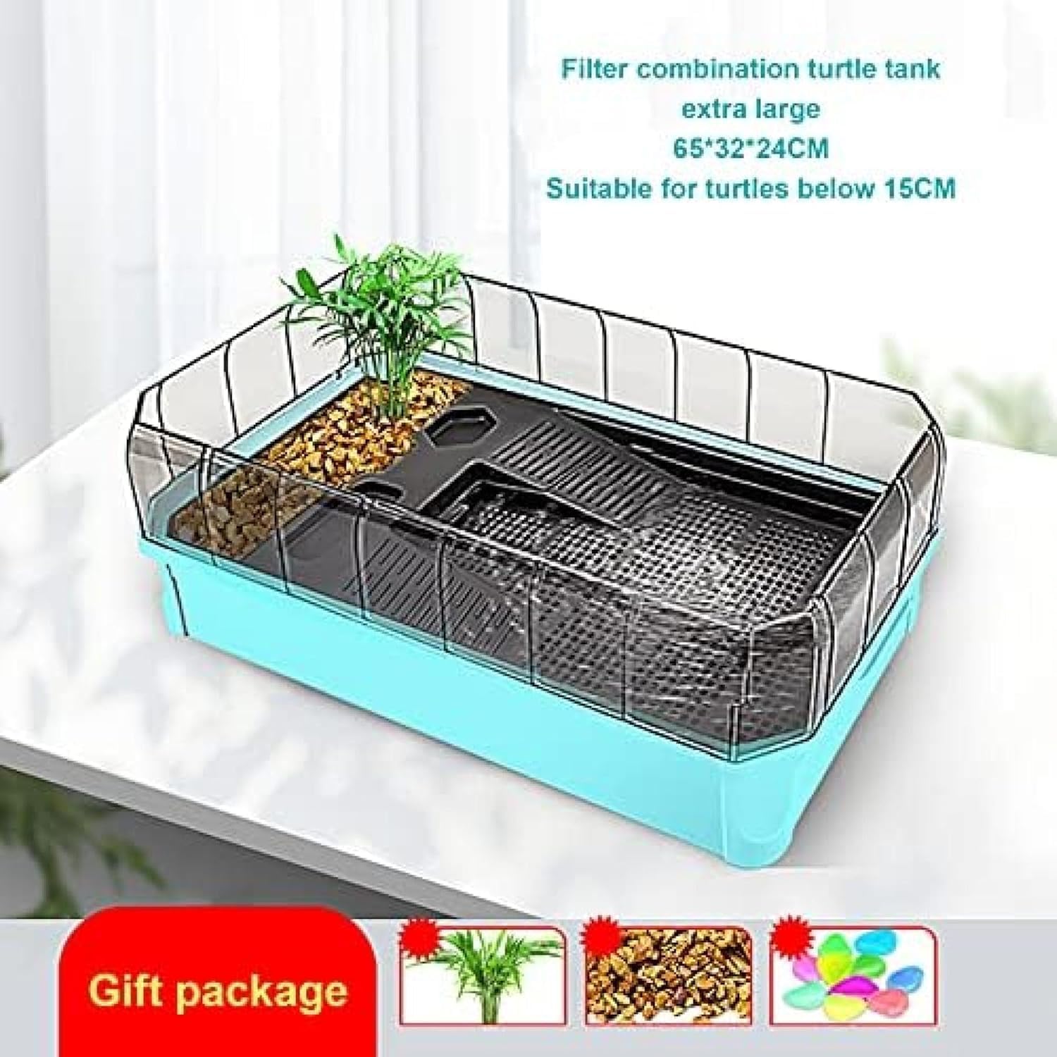 Schildkrötenbecken Aquarium mit Plattform und Pflanzen, einfacher Wasserwechsel und Reinigung, ausbruchsicheres Design für Reptilienlebensraum