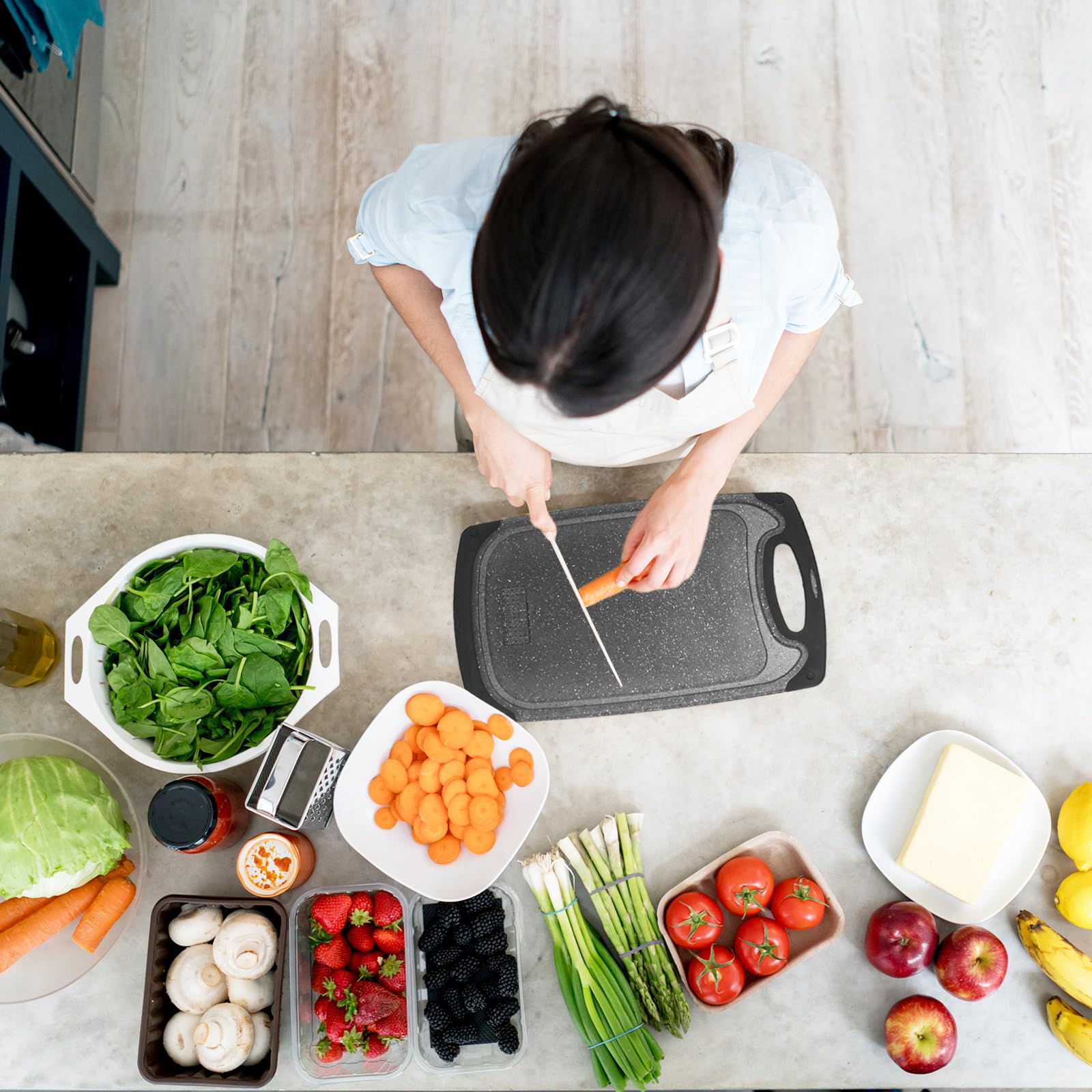 Tabla Cortar Cocina, Set 3 Tablas de Cortar de Plástico-40 x 24 cm/31 x 20 cm/25 x 15 cm, Sin BPA Con Ranura para Jugo y Prensa de Ajos, Tabla de cortar antibacteriana para Verduras, Frutas, Carnes