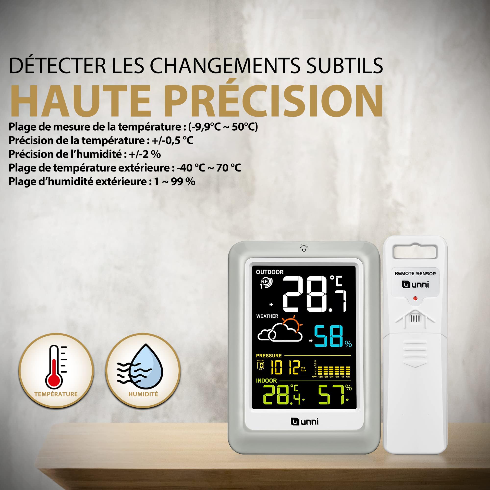 Stations Météo Sans Fil Avec Écran Couleur, Moniteur Intérieur Extérieur Avec Capteur De Portée De 100 Mètres, Baromètre, 3 Rétroéclairage Réglable 02CS - 5