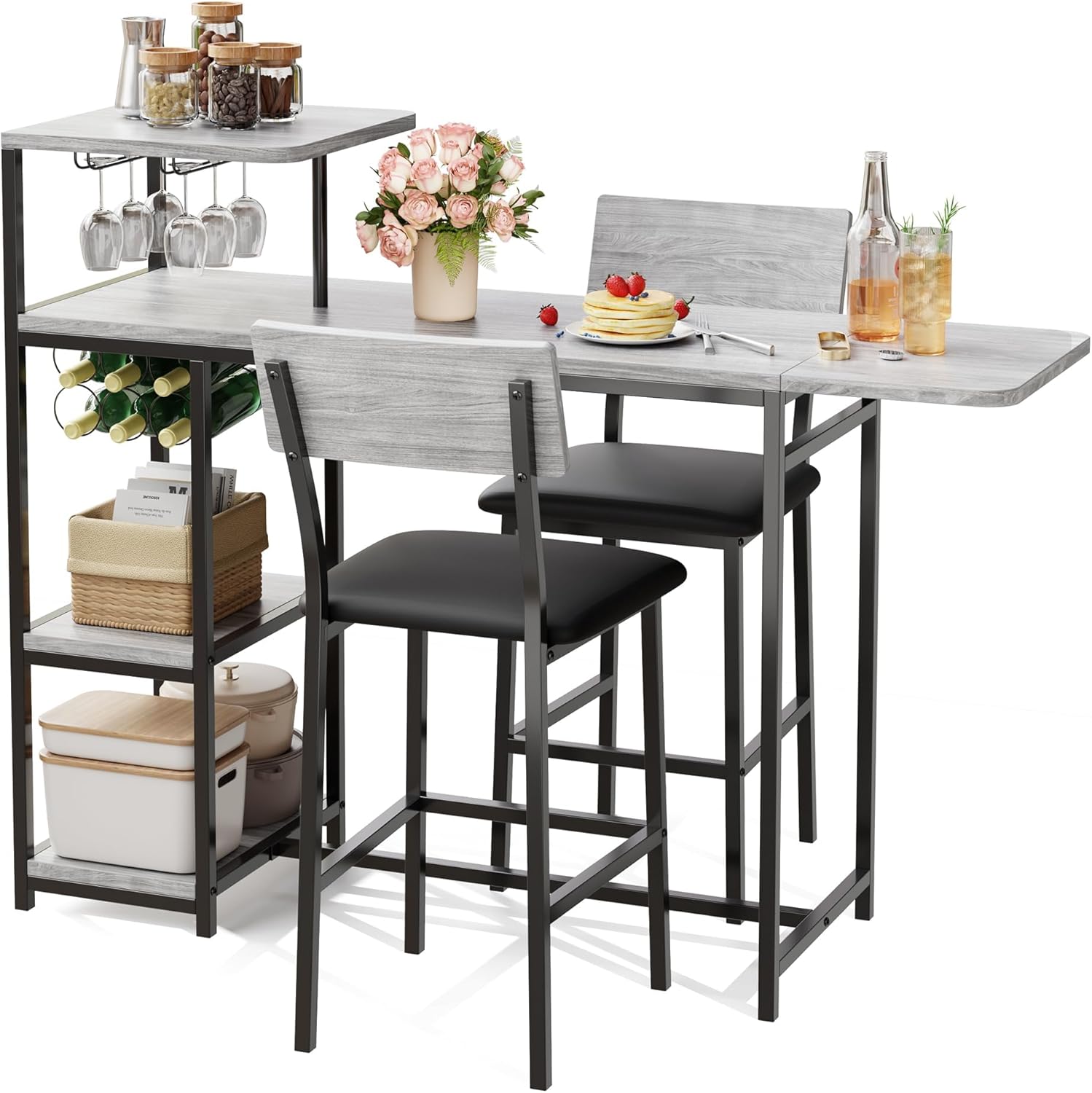 Garvee Dining Table Set for 2, 3-Piece Expandable Bar Table and Chairs Set, with Storage Shelves and Wine Rack, Small Kitchen Dining Set for Living Room, Apartment