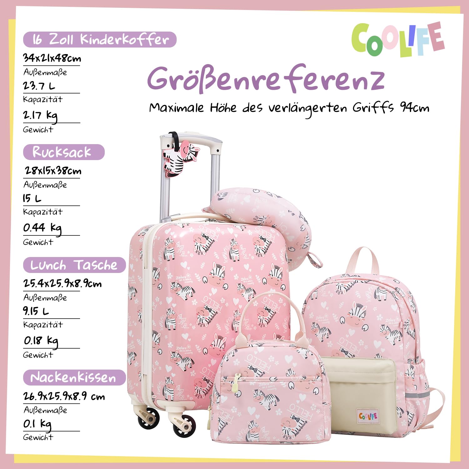 COOLIFE Ensemble de Bagages pour Enfants, Lot de 5 valises, 16 Pouces, Bagage à Main, Coque Rigide, Valise à roulettes, Bagages pour Nourrissons (zèbre, Ensemble de 5 valises)