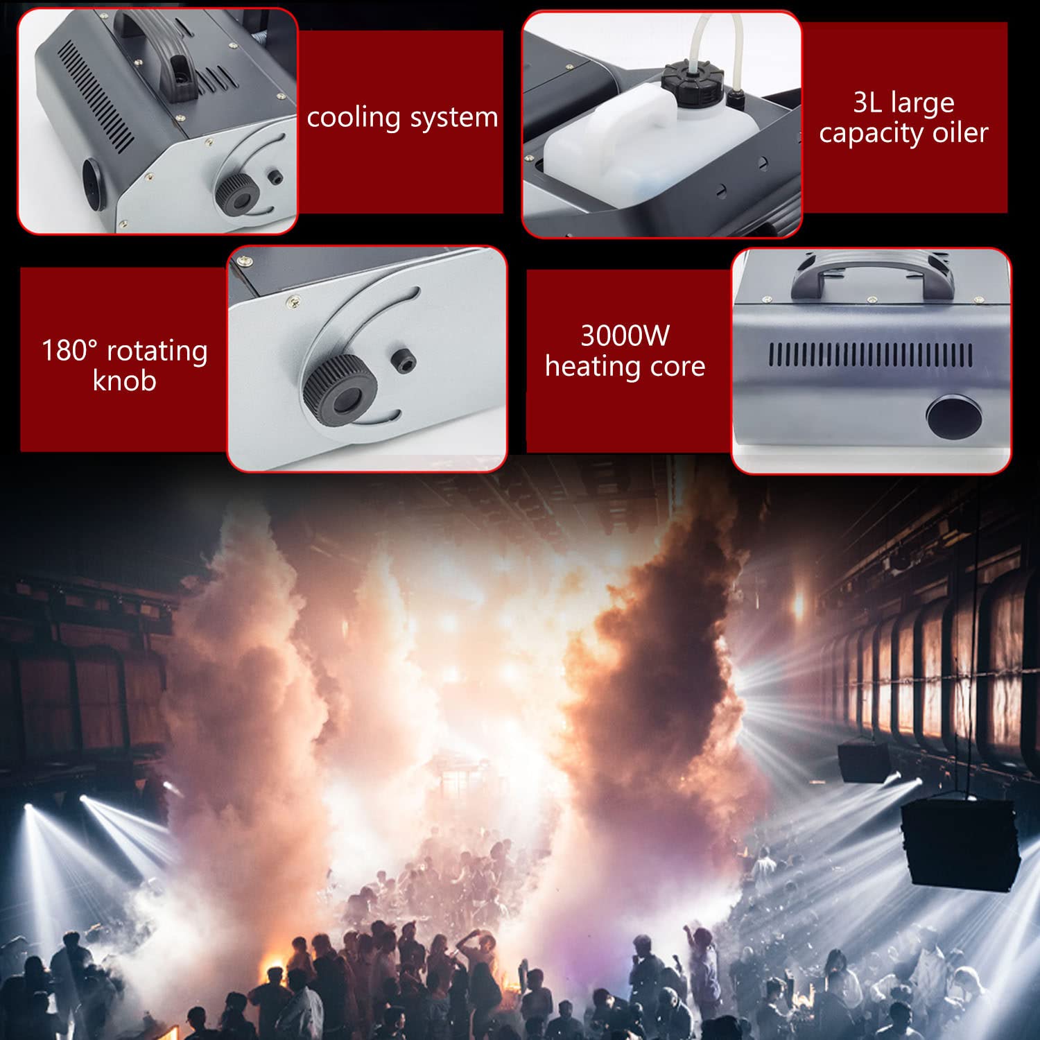 Macchina del Fumo da 3000W 3L con Serbatoio Regolabile ad Angolo Regolabile per Discoteca, Dj, Feste, Palcoscenici, Matrimoni