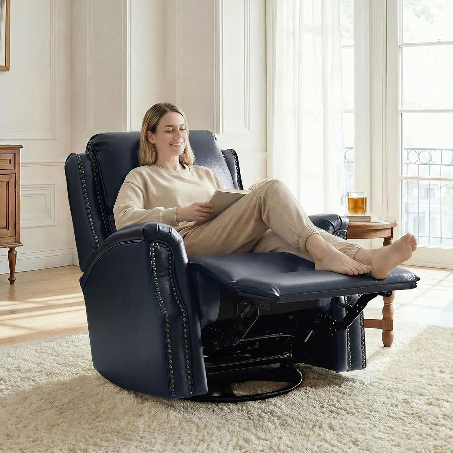 HULALA HOME Genuine Leather Recliner Chair, Swivel Rocker Chair with Thick Seat, Classic Push Back Armchair with Backrest, Nailhead Trim, Navy