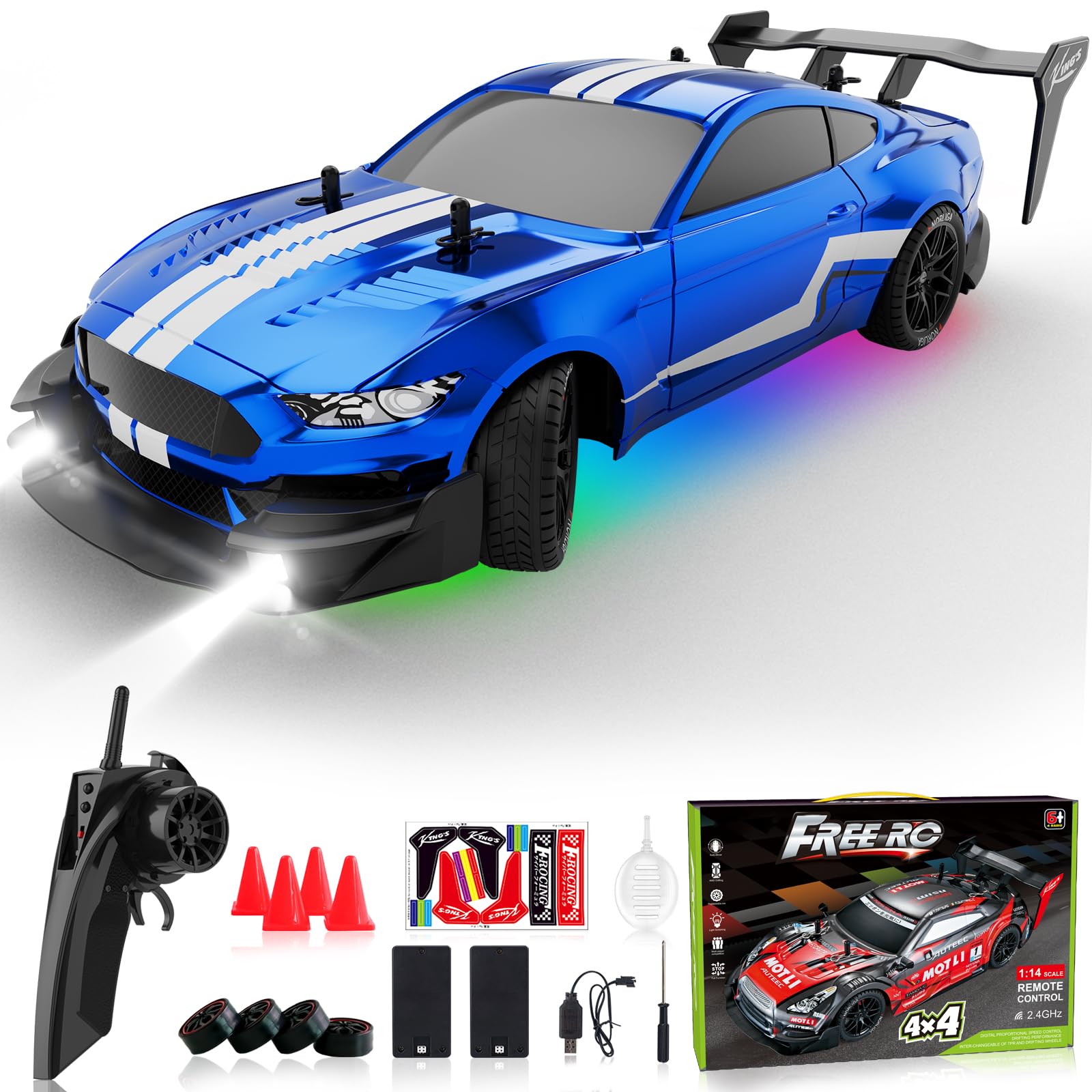 Remote Control Car RC Drift Car 1:16 Scale 4WD RC Car with LED Lights 2.4GHz 30km/h RTR High Speed Racing Sport Toy Car for Adults Boys Girls Kids Gift 2Pcs Rechargeable Battery