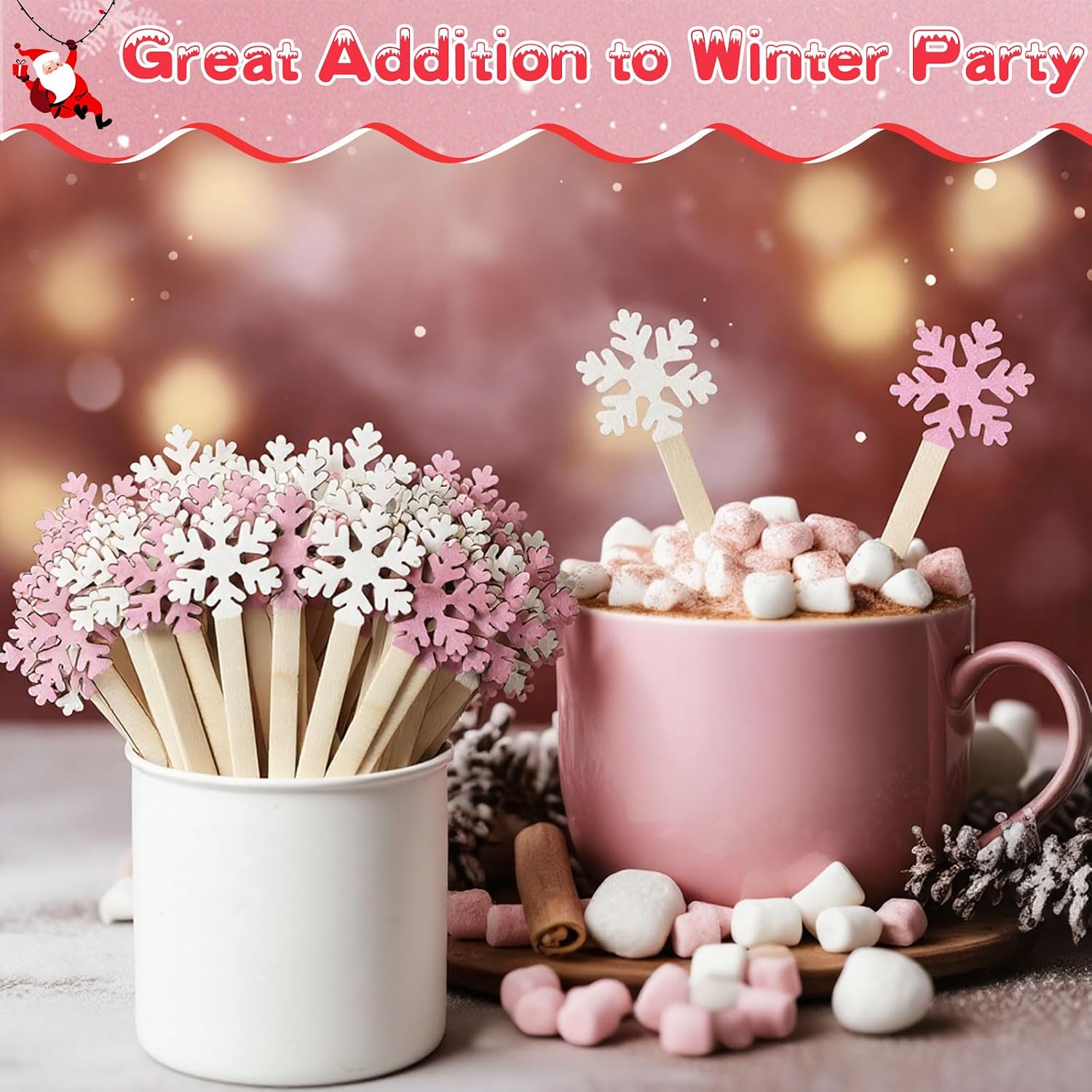 Potchen 120 Pcs Christmas Hot Cocoa Bar Snowflake Wooden Coffee Stirrers | Winter Disposable Drink Stir Sticks, Cocktail Coffee Stirrers for Christmas Party Hot Chocolate Station
