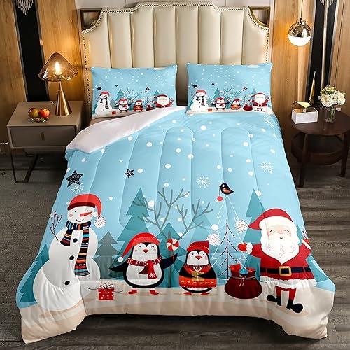 Juego de ropa de cama de Feliz Navidad, tamaño King, caricatura, muñeco de nieve, pingüino, Papá Noel, regalo para niños y niñas, edredón de nieve