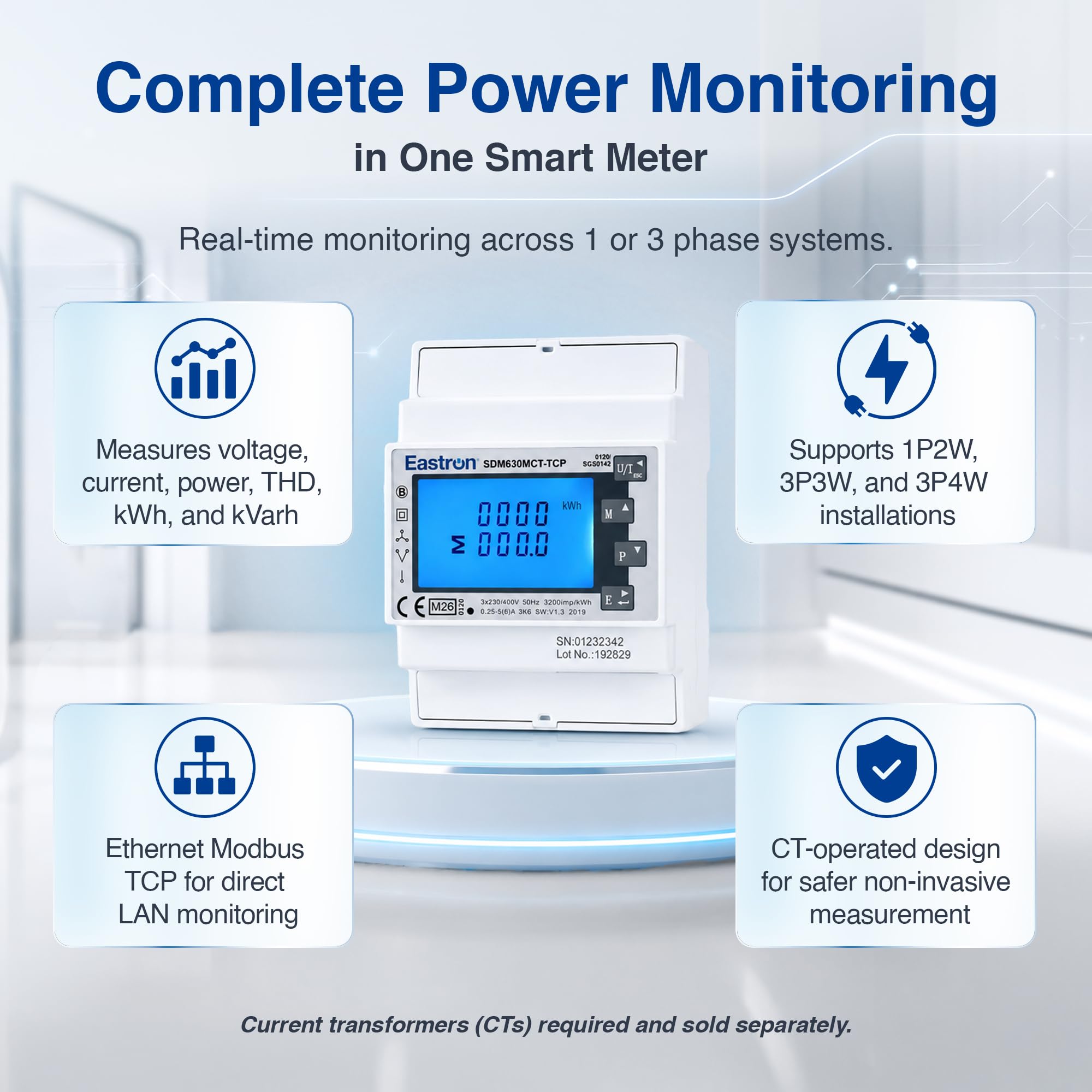 Medidor de electricidad, 1/3 fase Ethernet Modbus TCP – (requiere transformador de corriente) medidor inteligente de carril DIN alimentado calibrado MID