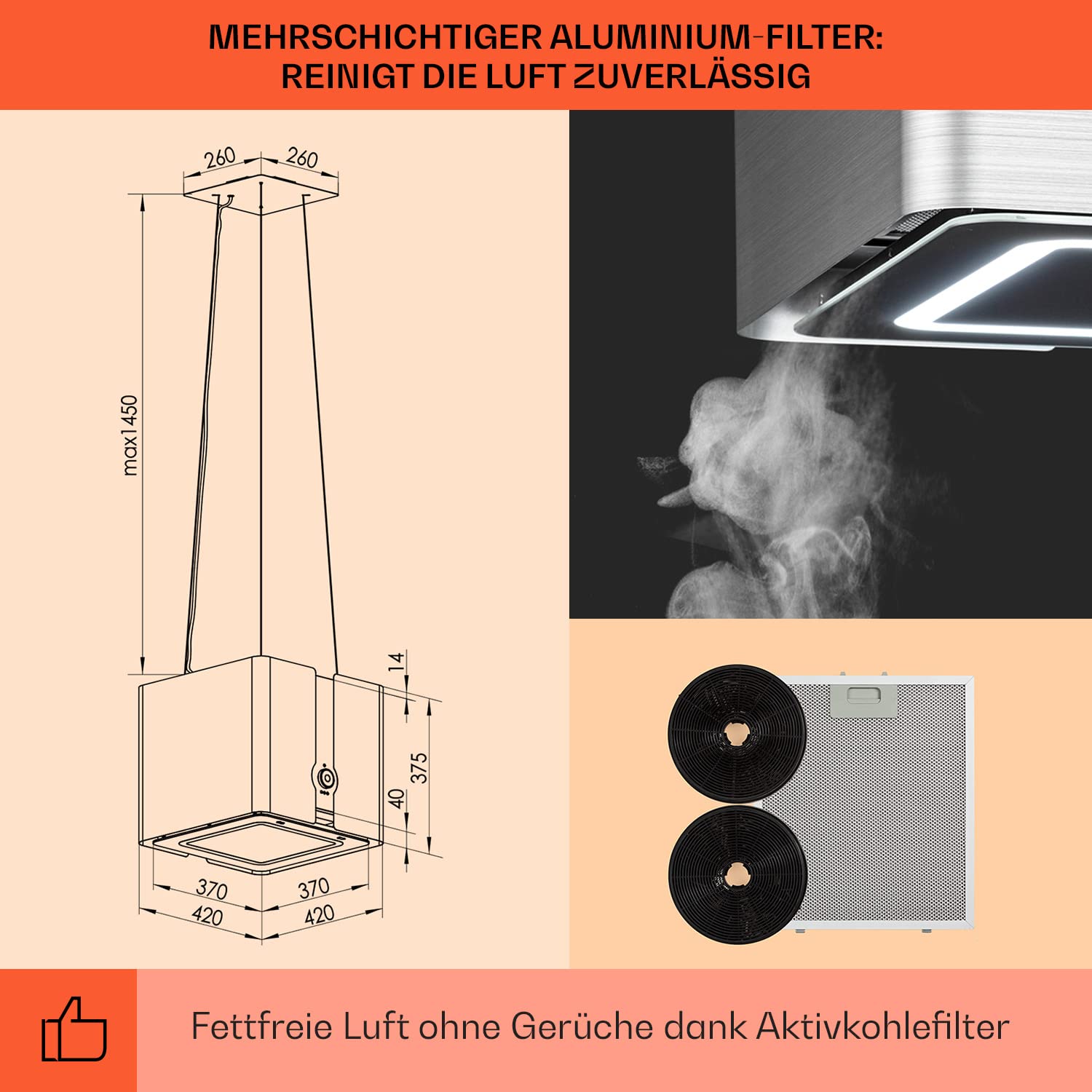 Klarstein Futurelight Smart Dunstabzugshaube freihängend 420m³/h Umluft Inselhaube LED Edelstahl silber