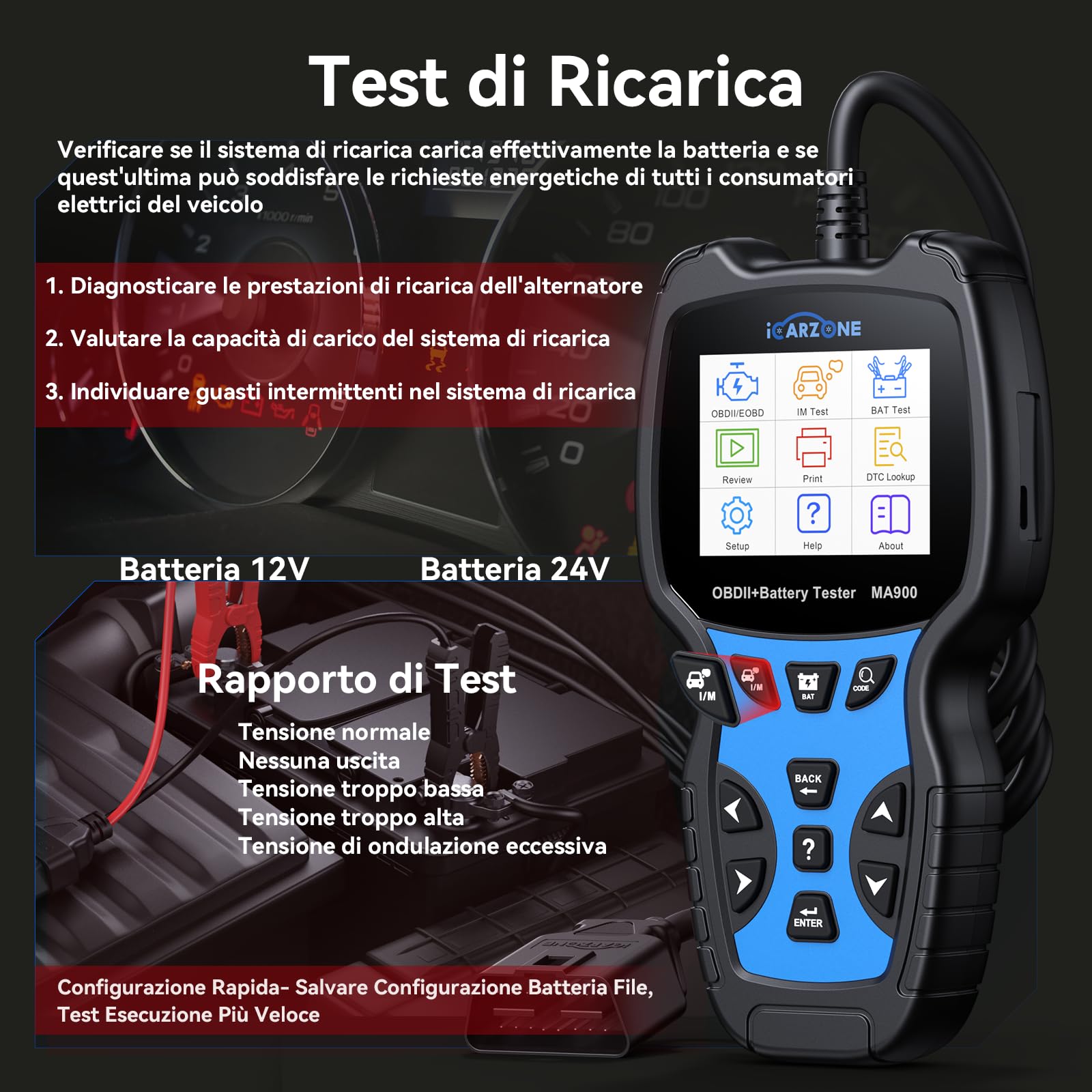 MA900 Tester Batteria Auto + Scanner OBD2 -Test di Scarica, Test di Avviamento, Test di Carica, Lettura OBFCM, Leggere/Cancellare Codici, Dati in Tempo Reale, per Auto/Motocicletta-12V/24V