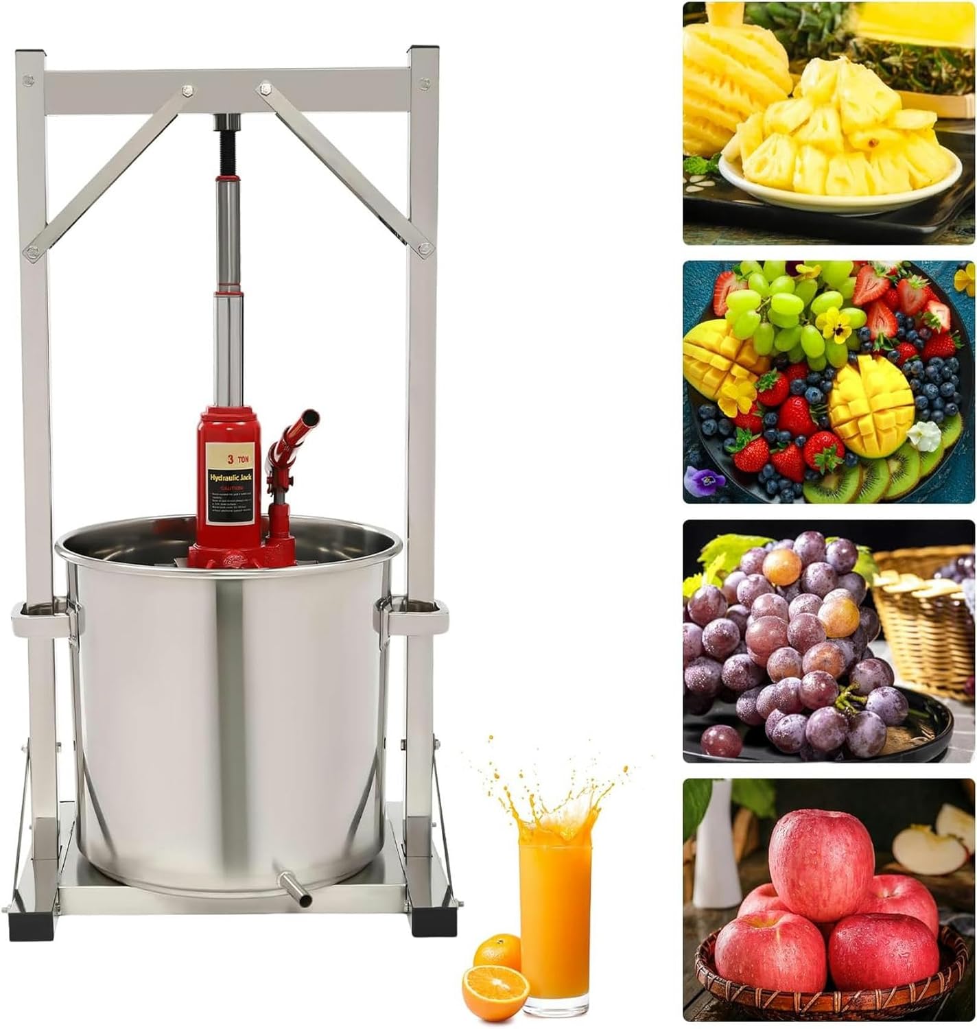 22L/5.8gal Fruit Wine Press Stainless Steel Wine Juice Press Grinder Nature Juice Making with Hydraulic Jack and Press Frame About 220-330lbs/h for Kitchen Home Outdoor