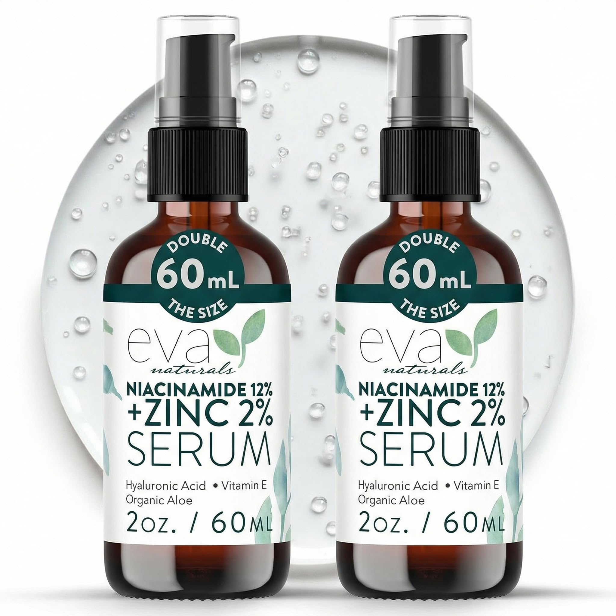 Eva Naturals Niacinamide Serum for Face with Zinc PCA & Botanical Hyaluronic Acid – Pore Minimizer, Dark Spot & Redness Relief, Skin Tone & Texture Support (2 oz) (2 Pack)