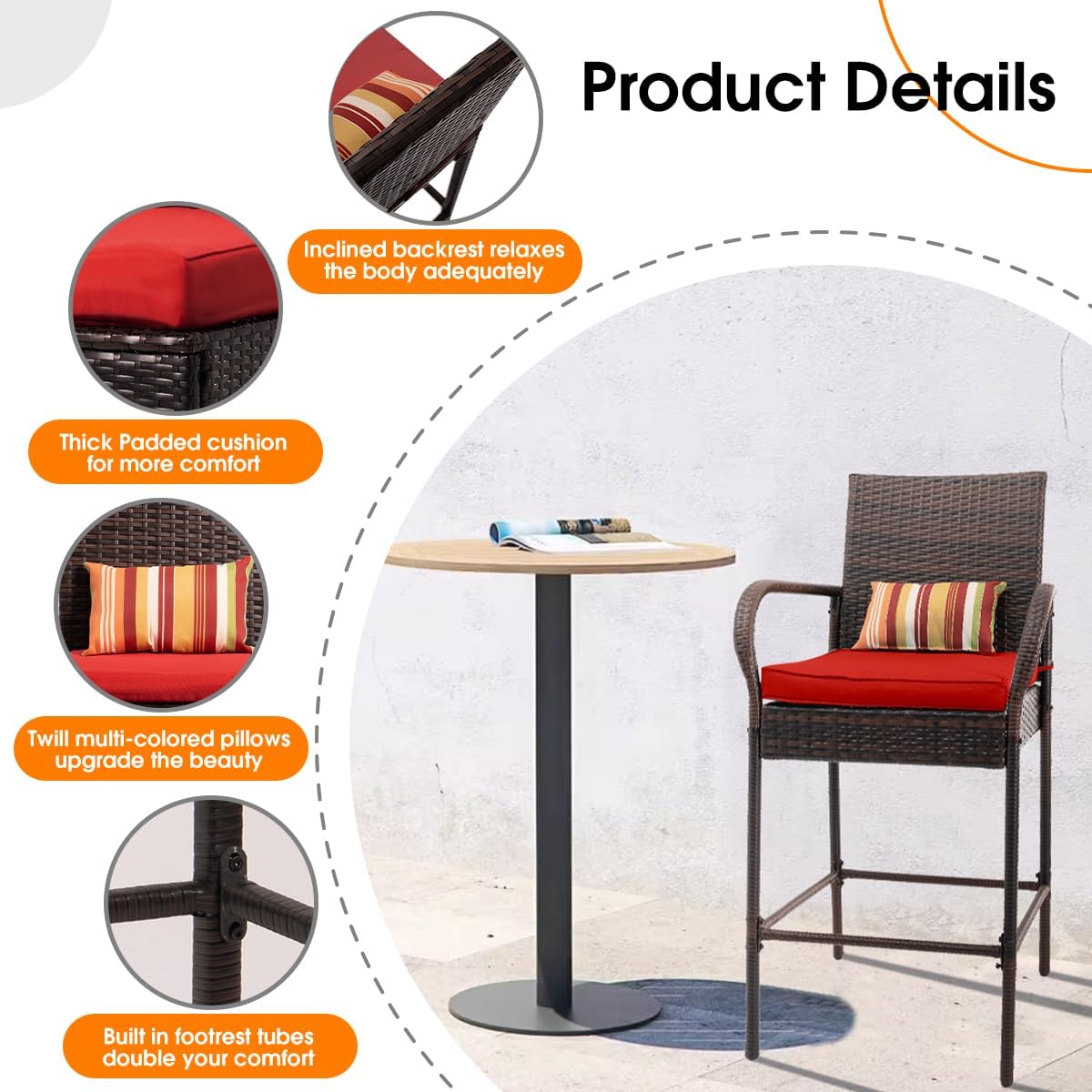 Sundale Outdoor Wicker Bar Stool Set of 2, Patio Counter Height Pub Chair with Arms, High Top Rattan Barstool, Cushion Red, All-Weather Outdoor Rattan Furniture - Steel, Brown