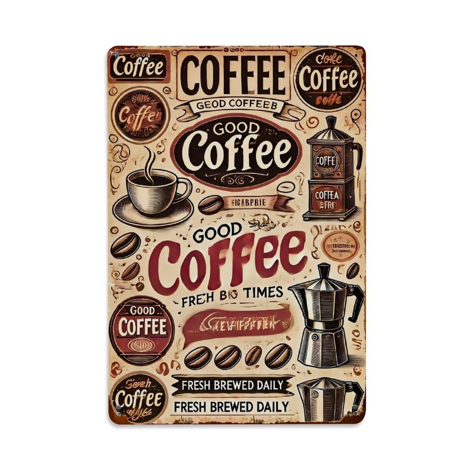 Coffee Cup Beans Pot Moka Retro Metal Tin Sign, Vintage Decor Art Poster for Bar, Home, Man Cave, Kitchen, Laundry Room Gift 8x12Inch