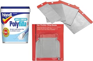 Polyfilla Ready Mixed Filler for Wood Brick Walls Plaster Multi Purpose Quick Drying White 1kg and Flexible Filling Knifes 4pc Blades