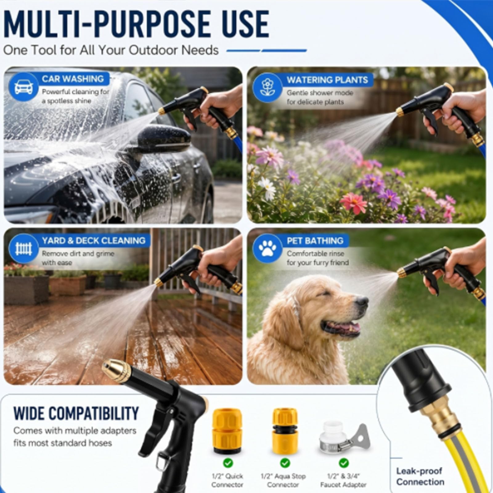 High Pressure Water Hose Nozzle, Adjustable Twist Hose Nozzle for Garden Hose, Car Wash Water Gun with Booster Nozzle, 3 Spray Patterns for Patio Plant Pet