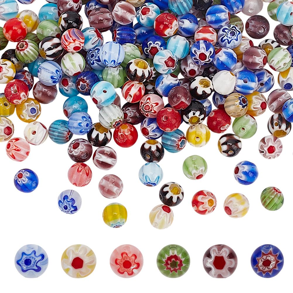200Pcs Multicolor Round Glass Flower Beads, 6mm, Hole: 1mm, Perfect for Jewelry Making