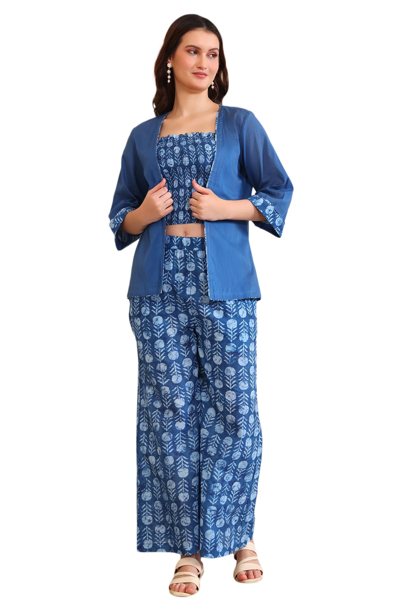 Aurelia Womenâ€™s Printed Thread Embroidered Straight Pure Cotton Blue Spaghetti Top, Jacket and Palazzo Set in blue