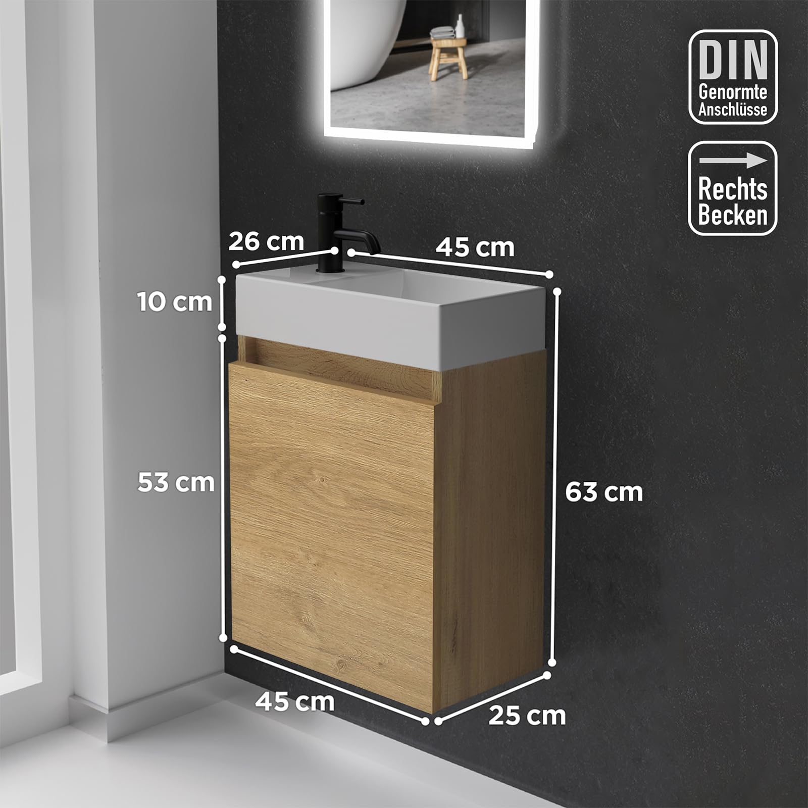 Alpenberger Gäste WC Waschbecken mit Unterschrank 45 cm | Badezimmerschrank Schmal | Badmöbel Set Waschplätze für Kleine Bäder | Waschbeckenunterschrank (Eiche Natur, Waschbecken - Rechte Seite)