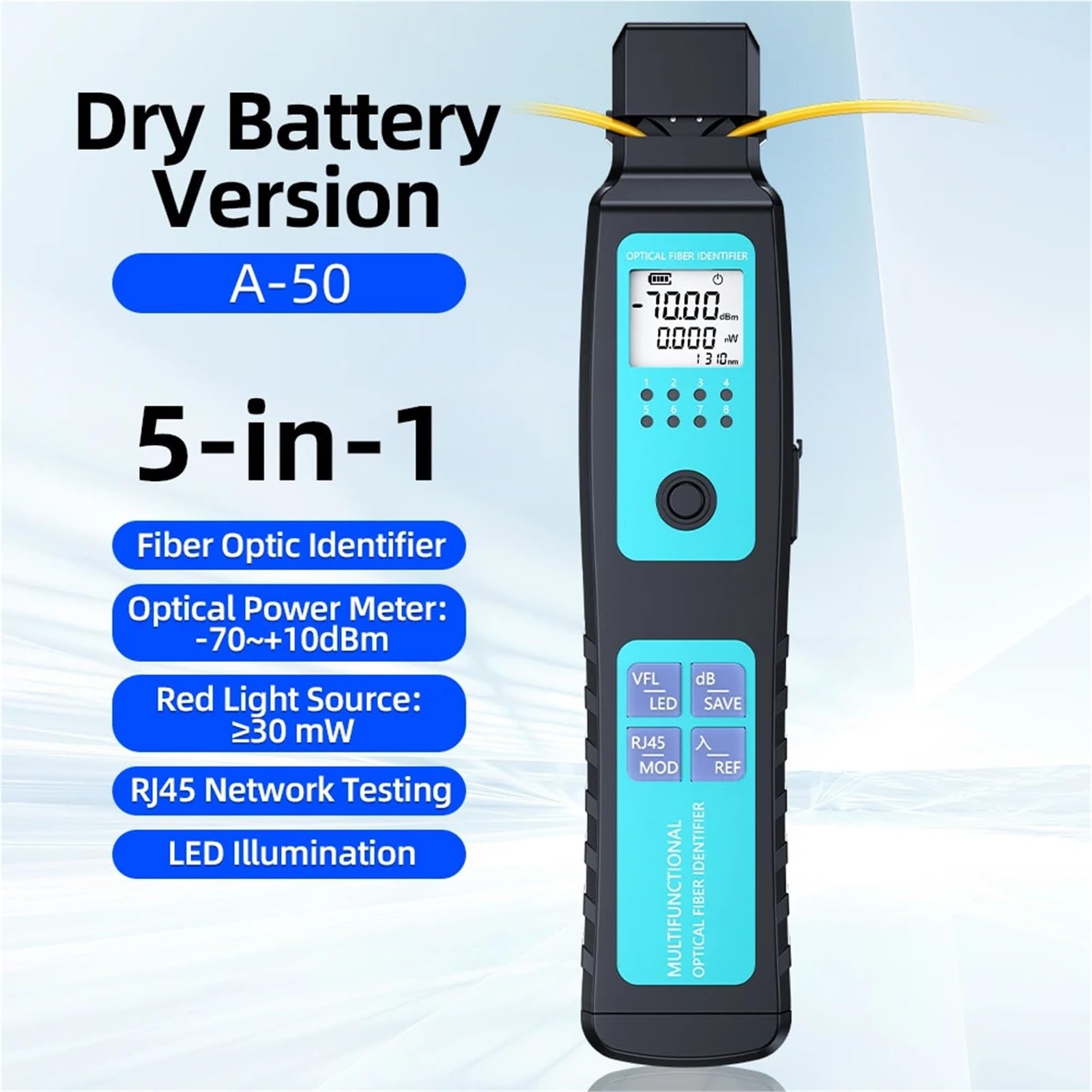 Probador OTDR Identificador De Fibra Óptica Activo A-50, Comprobador Cables, Detector -70 DBm A +10 Con VFL 30 Mw Opcional(-70 Dry cell battery)