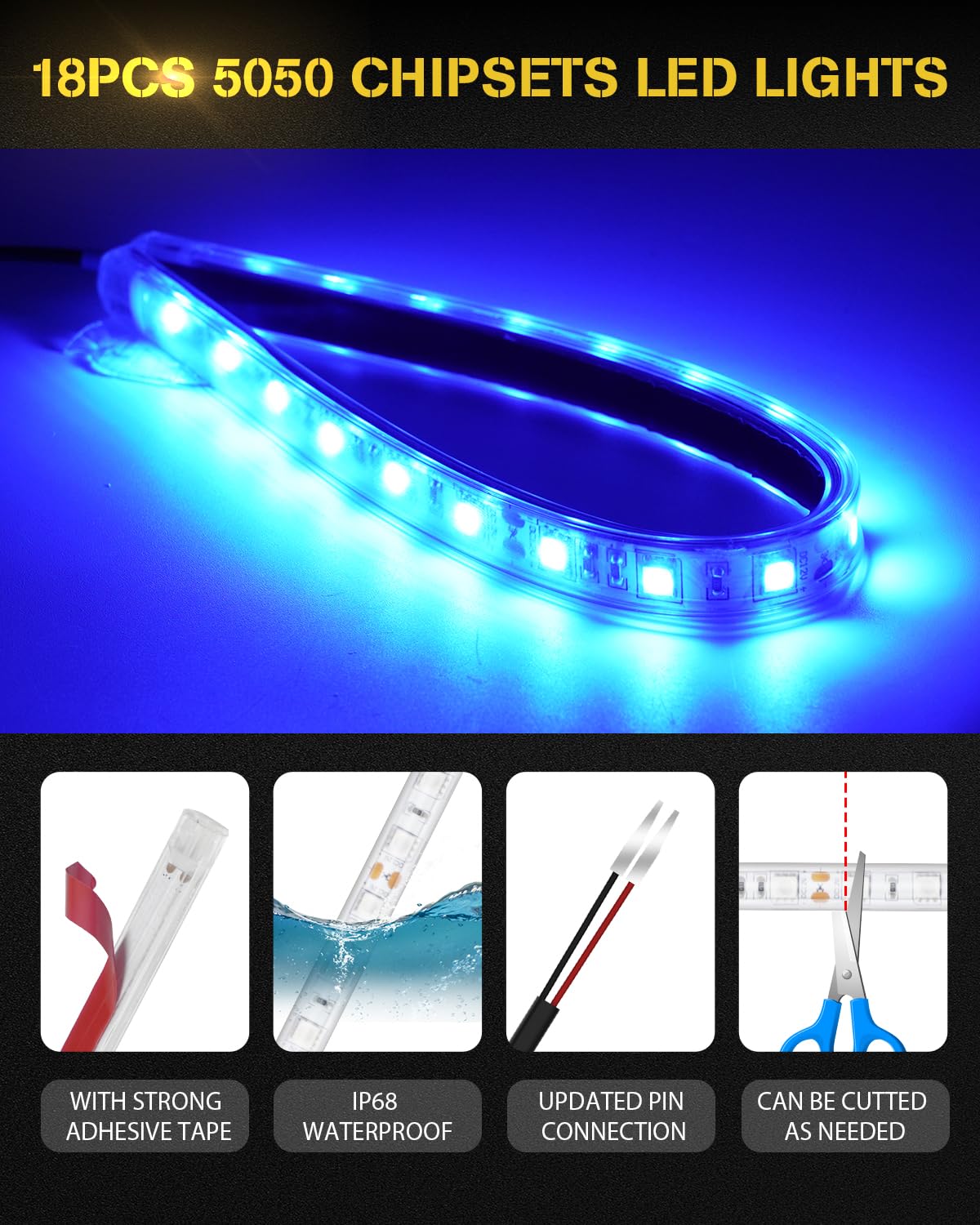 YONGMING 12 Volt led Strip Lights Waterproof Blue,12.6Inch car led Lights Exterior & Interior for Golf cart Light,Boat car Motorcycle underglow kit,18SMD 5050 LEDs 32CM,4 Packs - Image 2