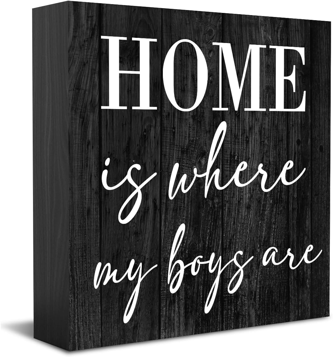 7x7 Inch Home Is Where My Boys Are Wood Box Sign, Black Rustic